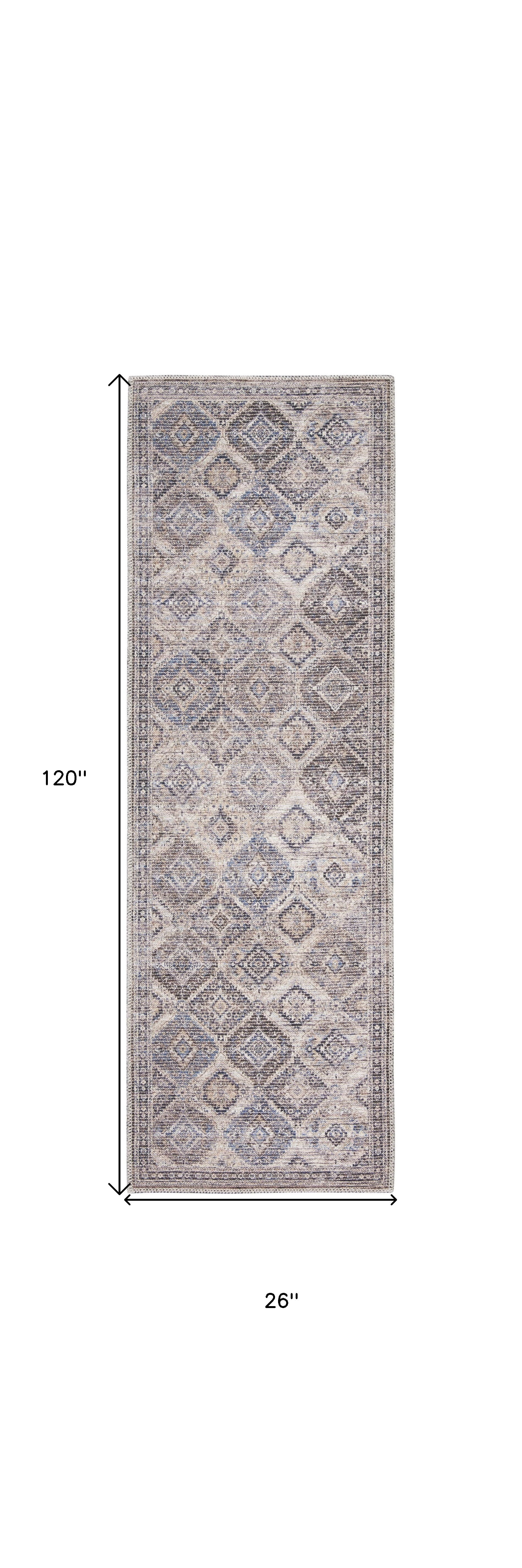 10' Ivory and Tan Floral Power Loom Distressed Washable Runner Rug