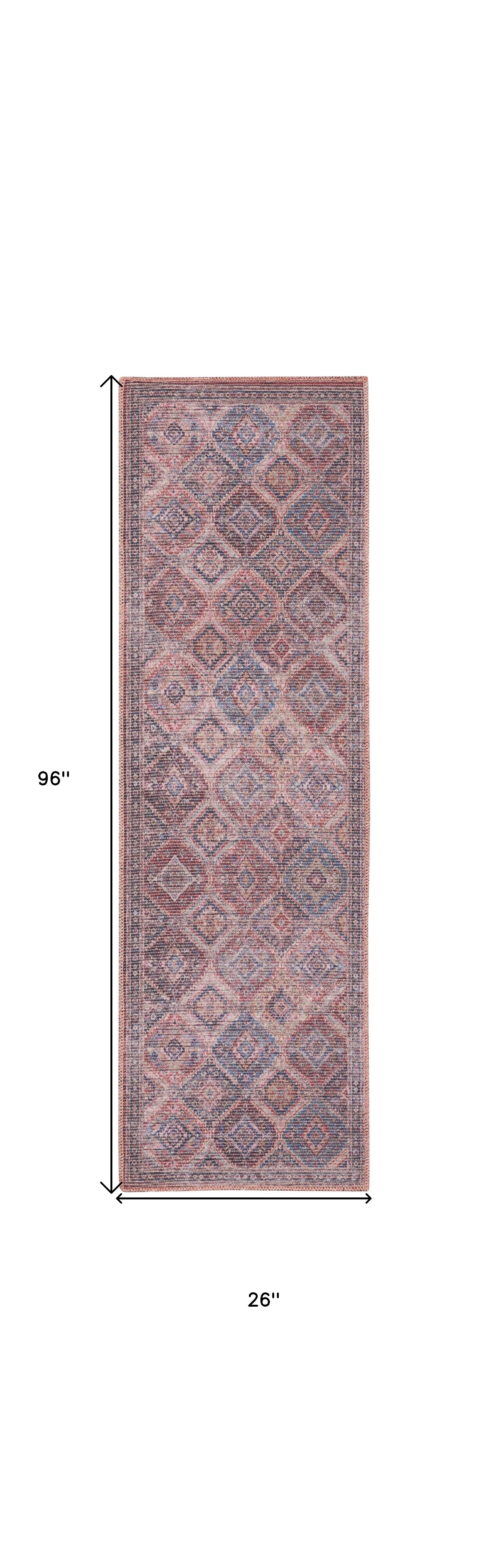 8' Blue and Red Floral Power Loom Distressed Washable Runner Rug