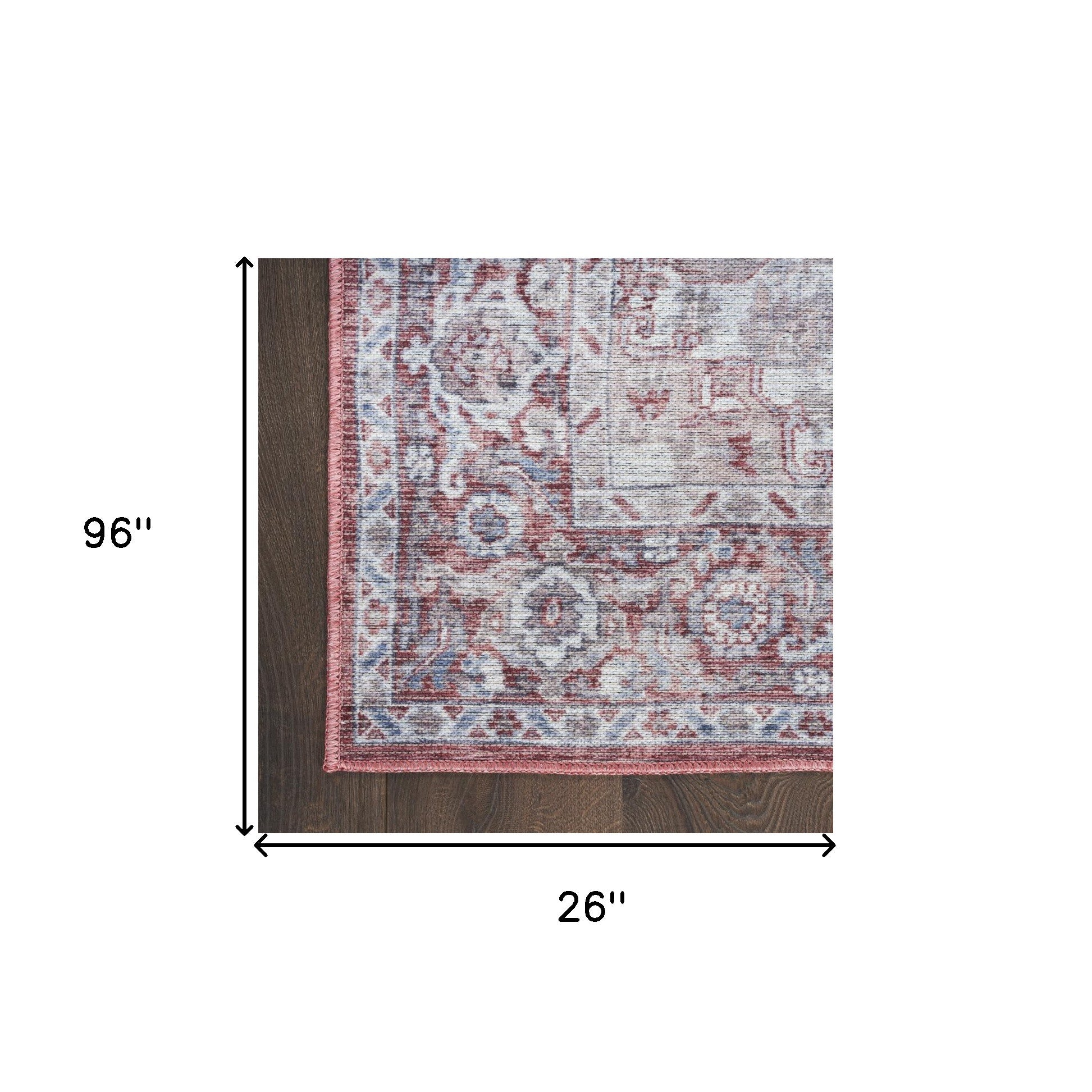 8' Red and Ivory Floral Power Loom Distressed Washable Runner Rug