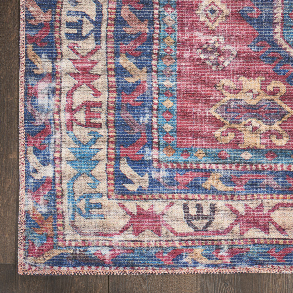 9' x 12' Blue and Red Geometric Power Loom Distressed Washable Area Rug