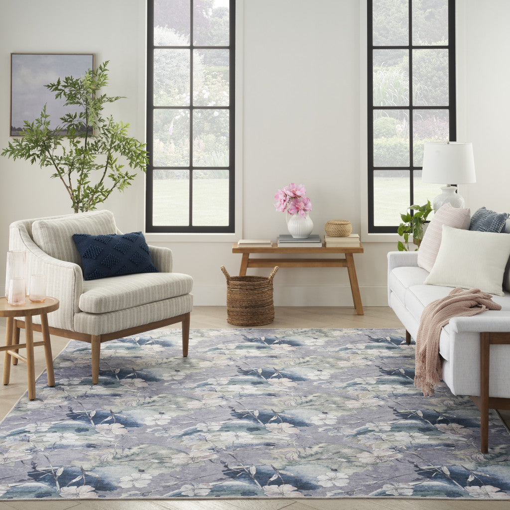 6' x 9' Ivory Blue and Gray Floral Power Loom Washable Non Skid Area Rug