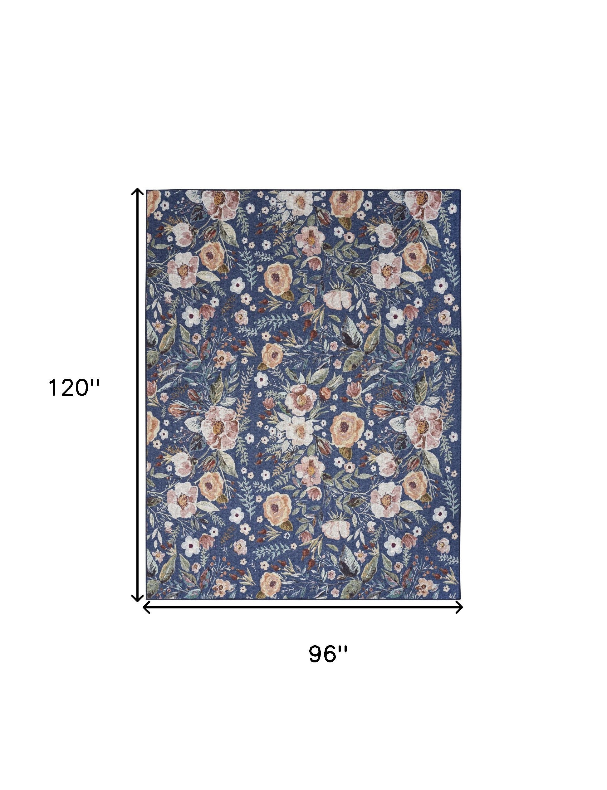 8' x 10' Blue and Green Floral Power Loom Washable Non Skid Area Rug