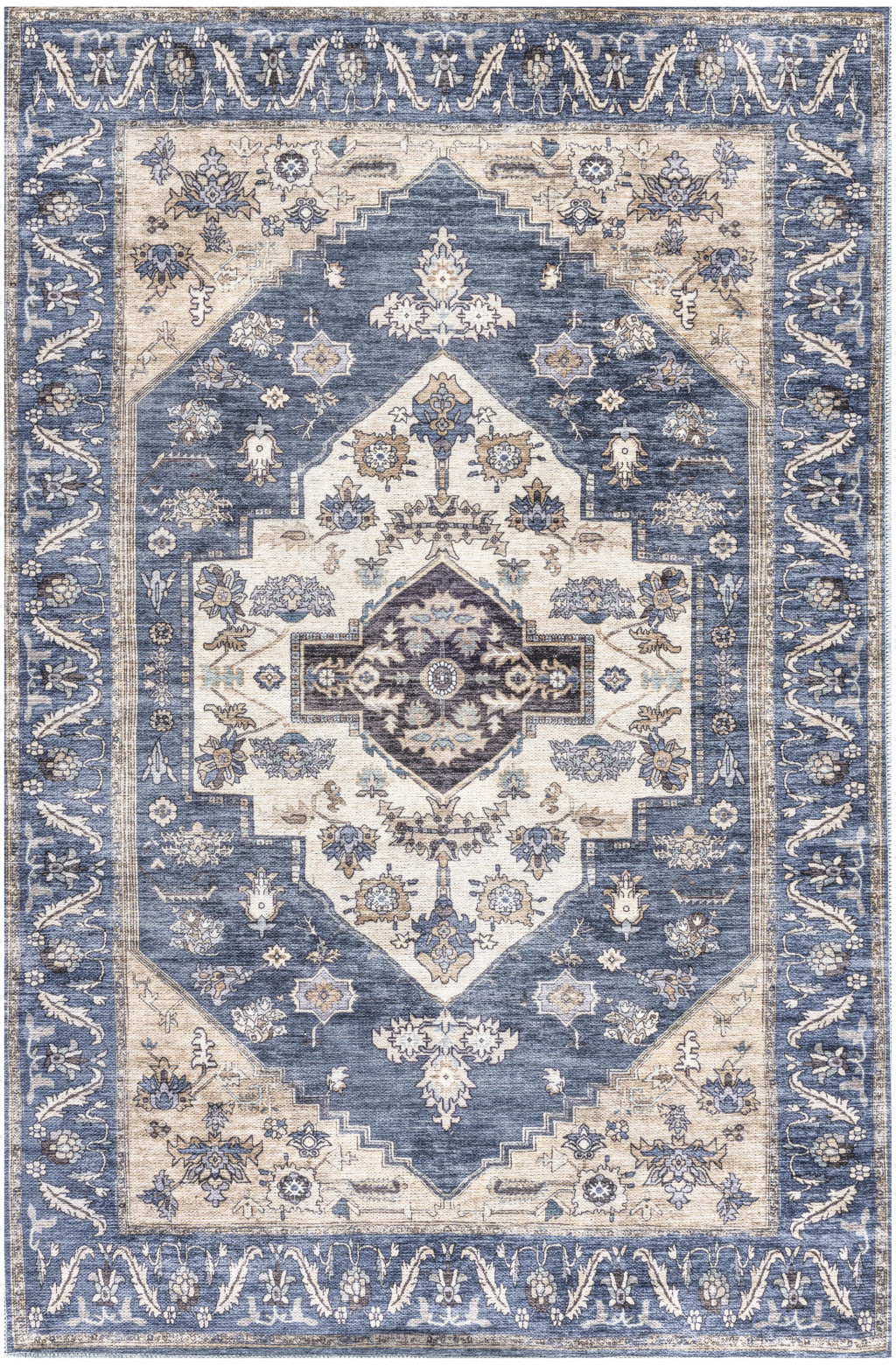 4' x 6' Blue and Beige Oriental Power Loom Distressed Washable Non Skid Area Rug