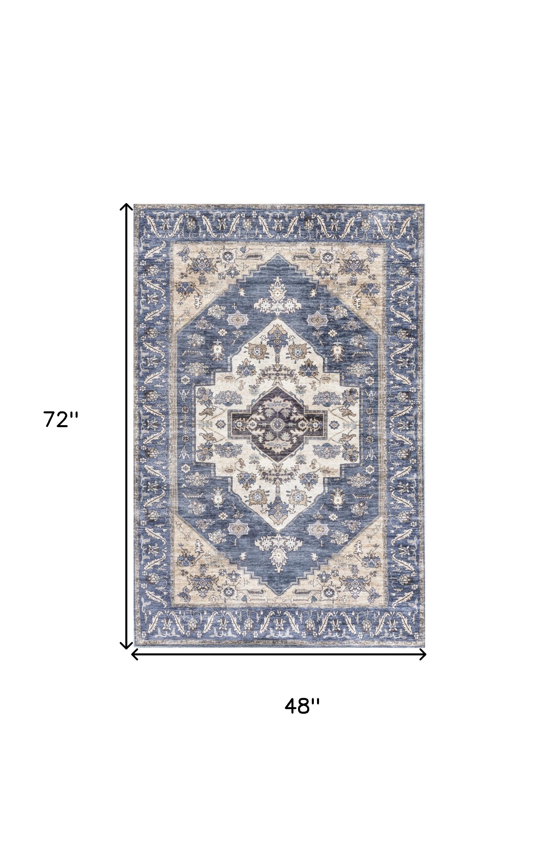 4' x 6' Blue and Beige Oriental Power Loom Distressed Washable Non Skid Area Rug