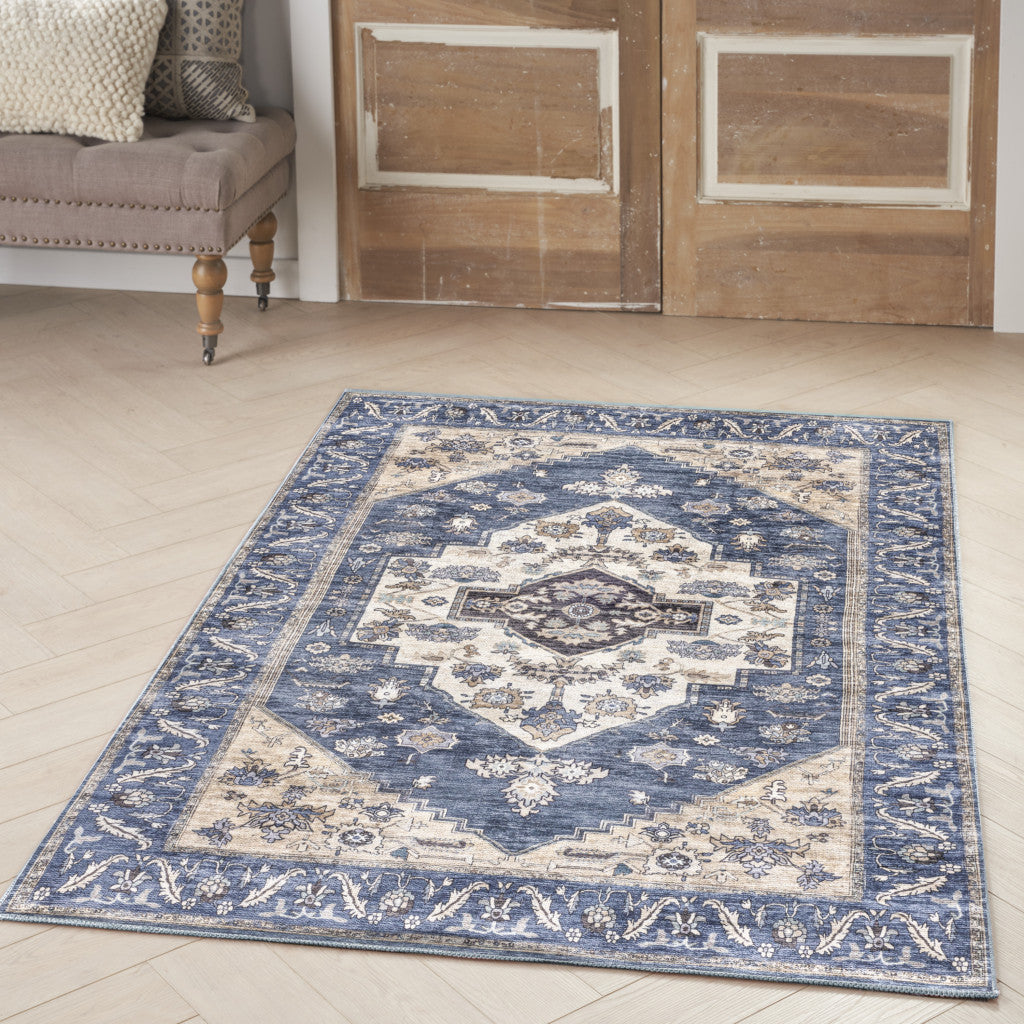 4' x 6' Blue and Beige Oriental Power Loom Distressed Washable Non Skid Area Rug