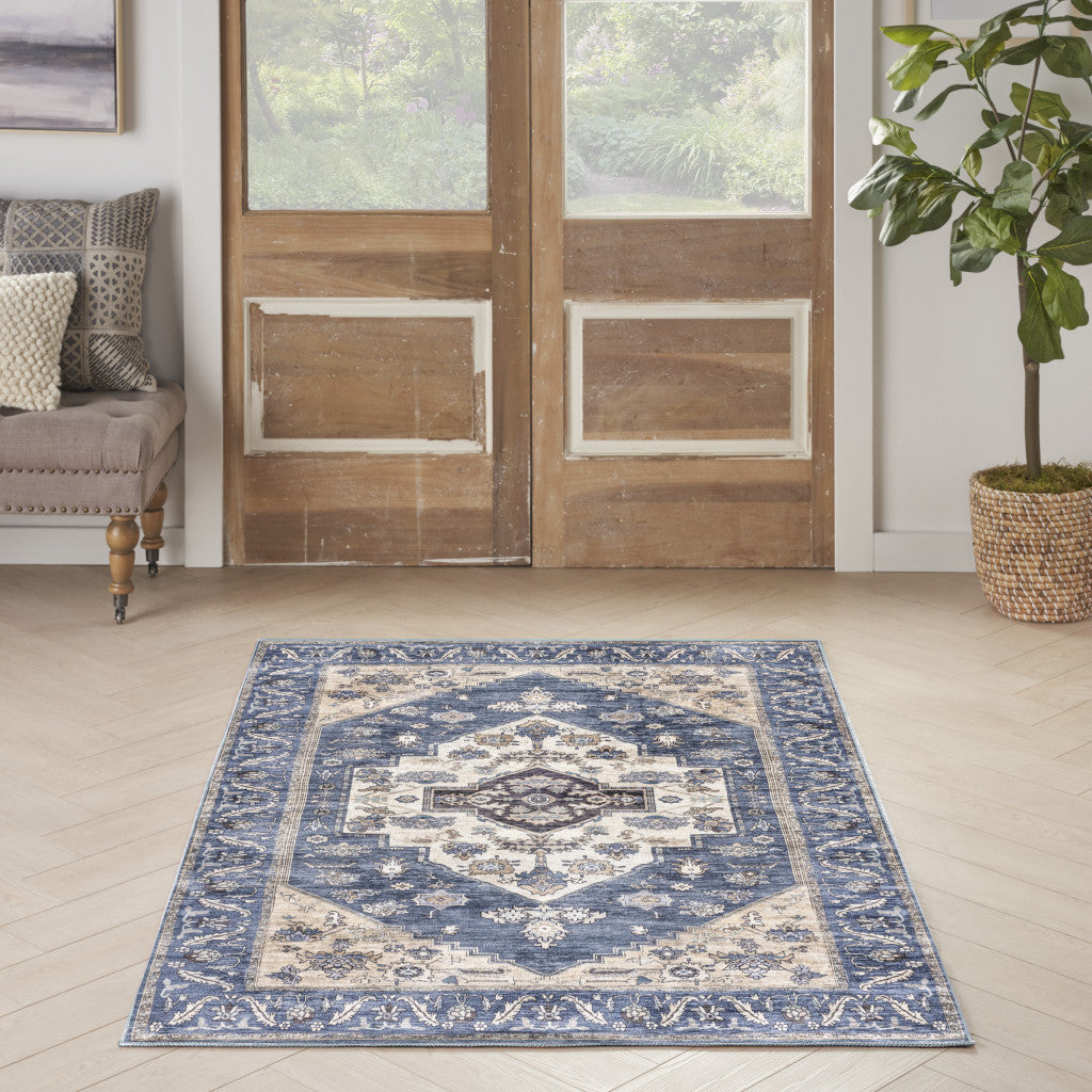 4' x 6' Blue and Beige Oriental Power Loom Distressed Washable Non Skid Area Rug