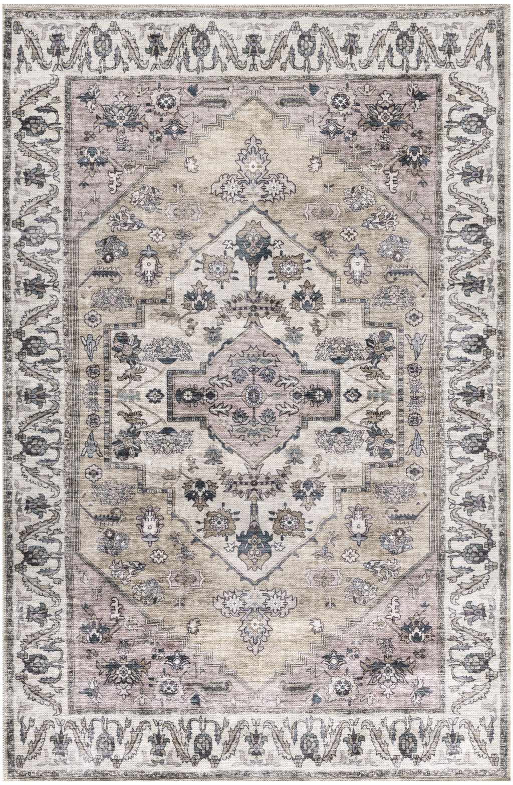 4' x 6' Beige and Gray Oriental Power Loom Distressed Washable Non Skid Area Rug