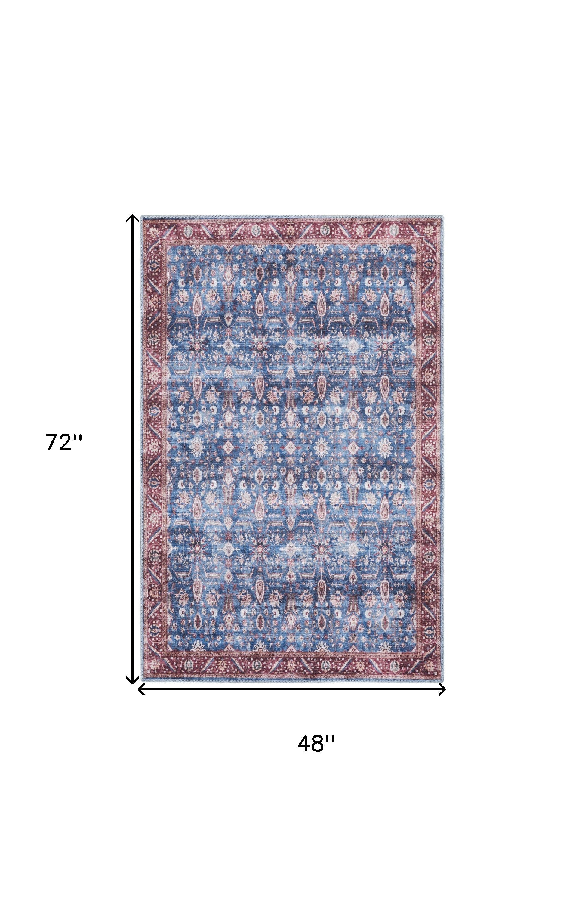 4' x 6' Blue and Red Oriental Power Loom Distressed Washable Non Skid Area Rug