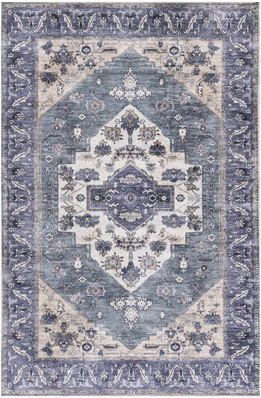 4' x 6' Blue and Beige Oriental Power Loom Distressed Washable Non Skid Area Rug