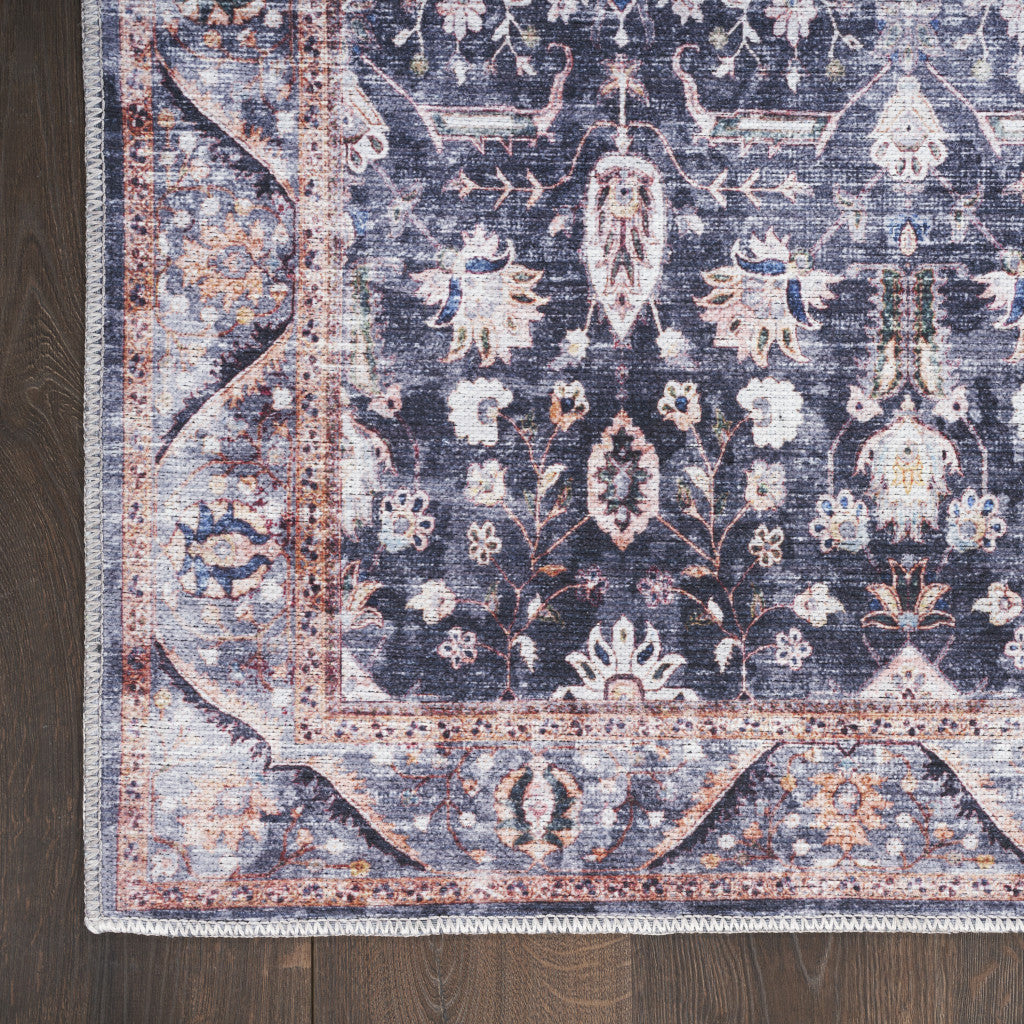 4' x 6' Blue and Ivory Oriental Power Loom Distressed Washable Non Skid Area Rug