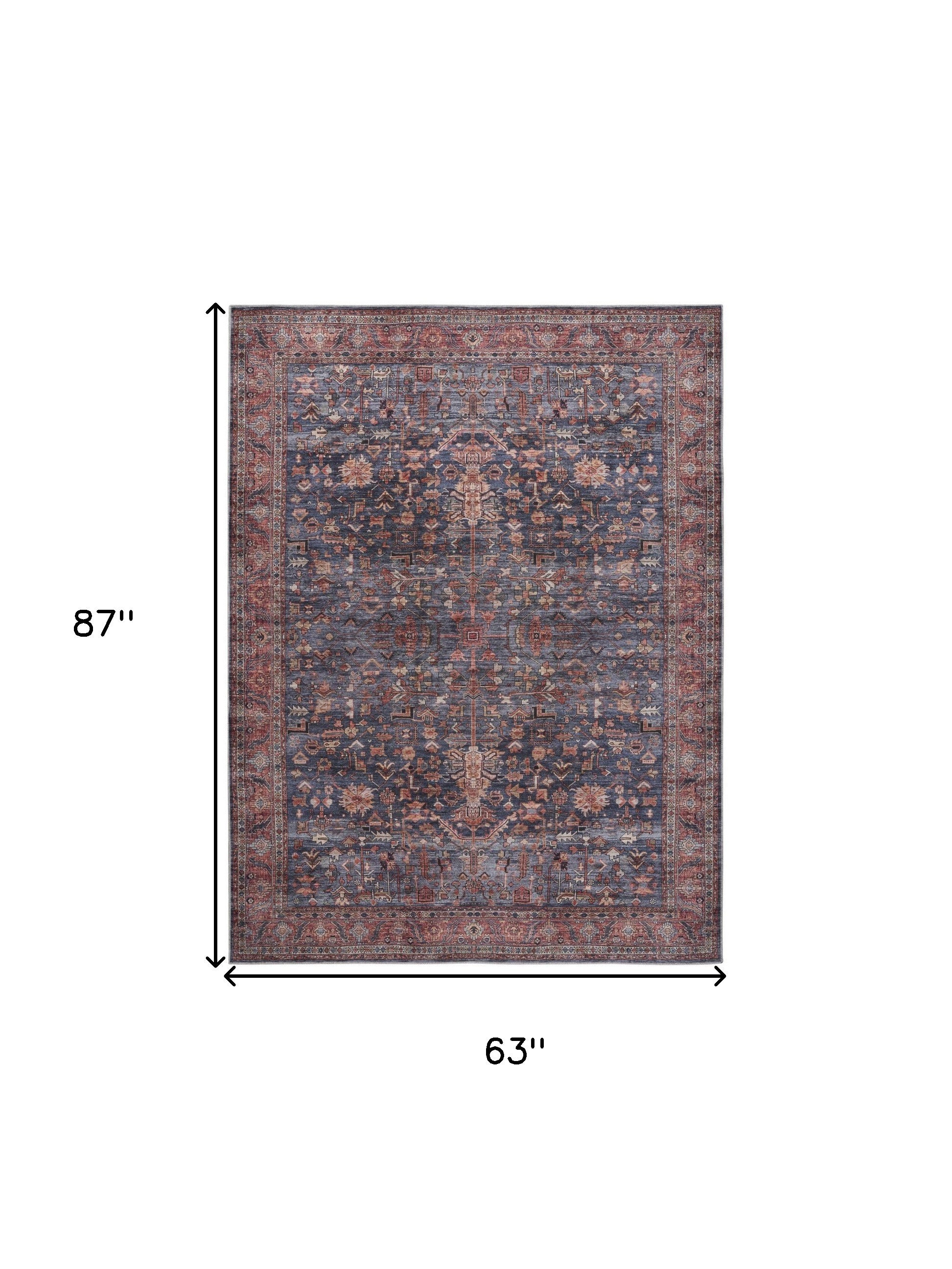 5' x 7' Blue and Red Oriental Power Loom Distressed Washable Non Skid Area Rug