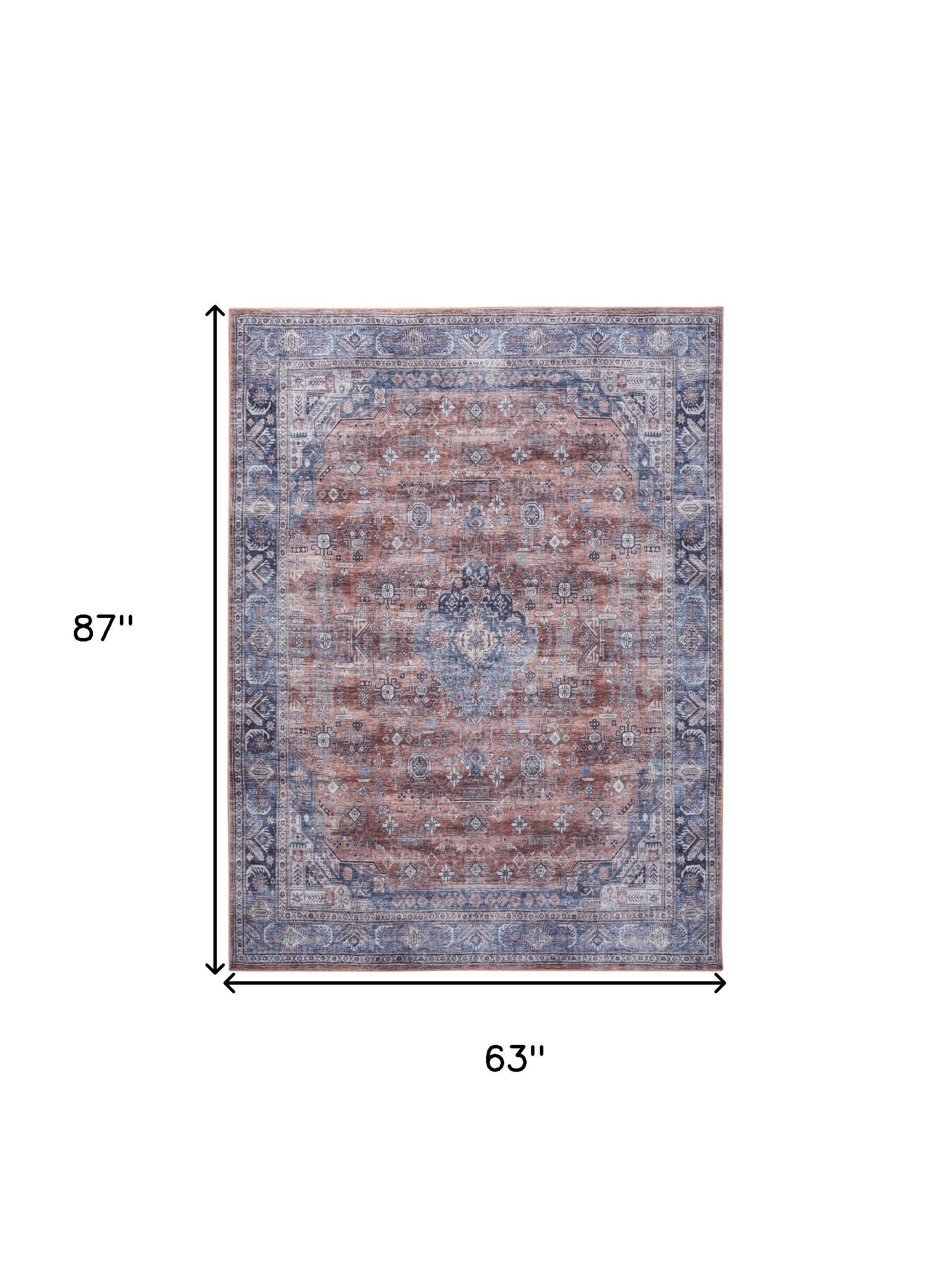 5' x 7' Blue and Red Oriental Power Loom Distressed Washable Non Skid Area Rug