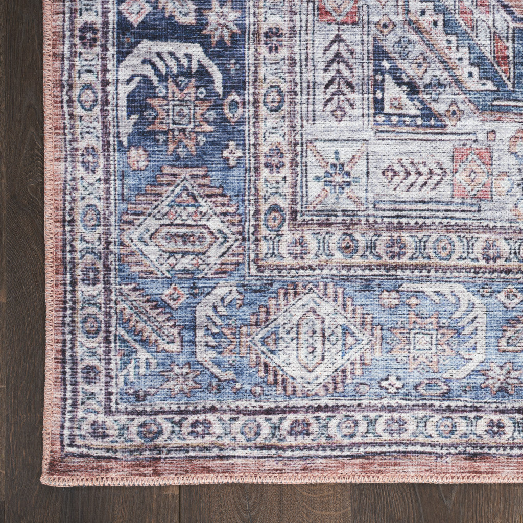 5' x 7' Blue and Red Oriental Power Loom Distressed Washable Non Skid Area Rug