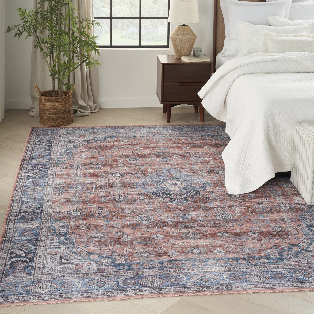 5' x 7' Blue and Red Oriental Power Loom Distressed Washable Non Skid Area Rug