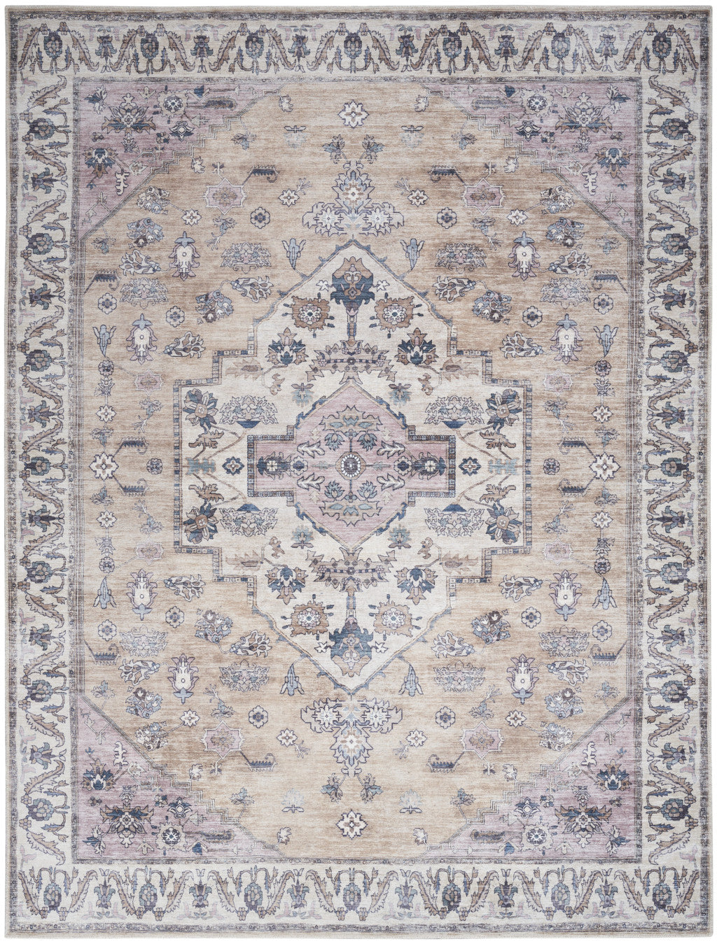 5' x 7' Beige and Gray Oriental Power Loom Distressed Washable Non Skid Area Rug