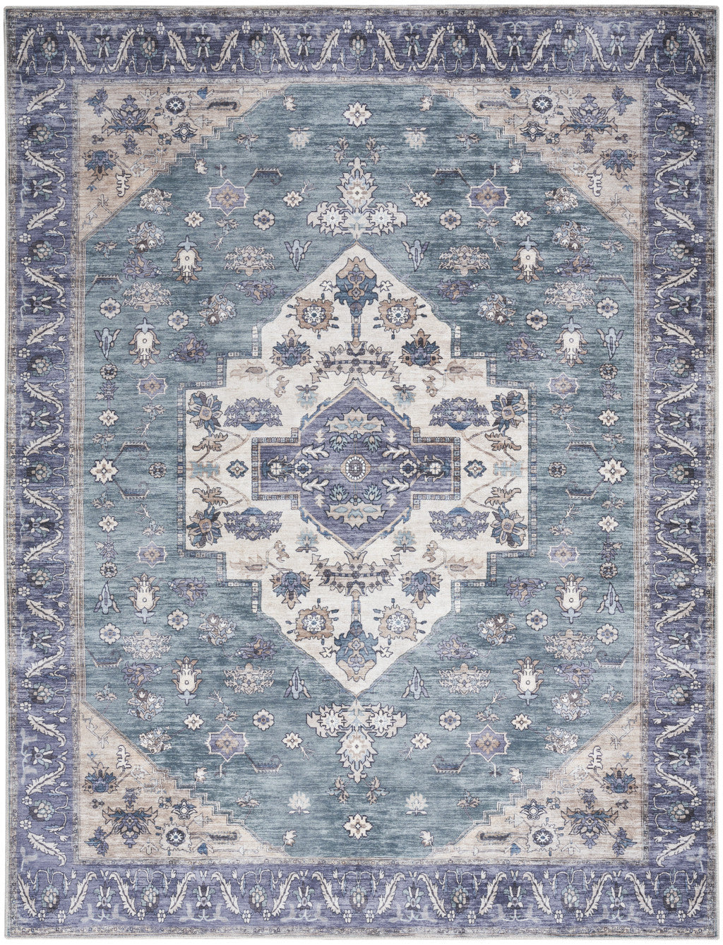 5' x 7' Blue and Green Oriental Power Loom Distressed Washable Non Skid Area Rug