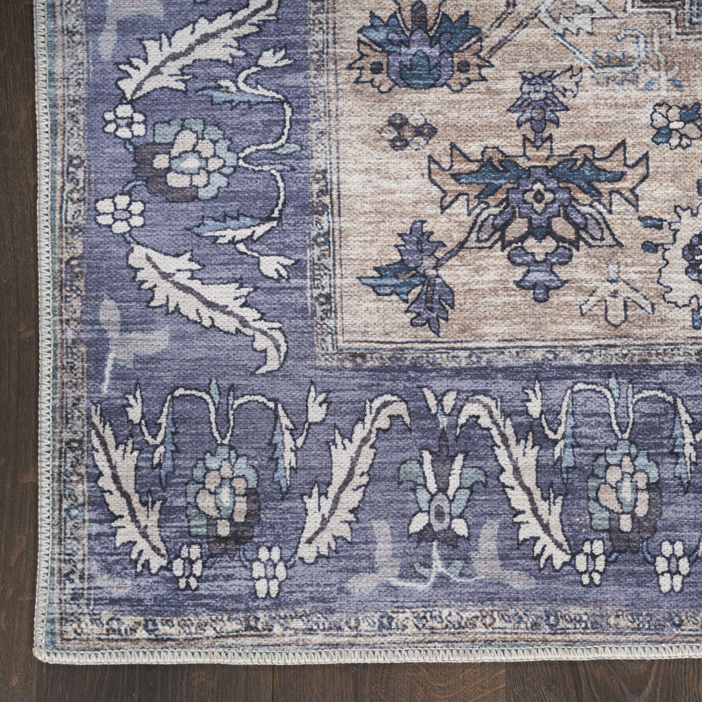 5' x 7' Blue and Green Oriental Power Loom Distressed Washable Non Skid Area Rug