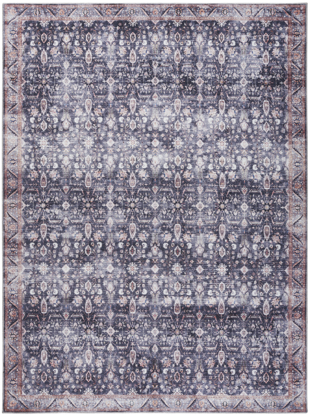 5' x 7' Blue and Ivory Oriental Power Loom Distressed Washable Non Skid Area Rug