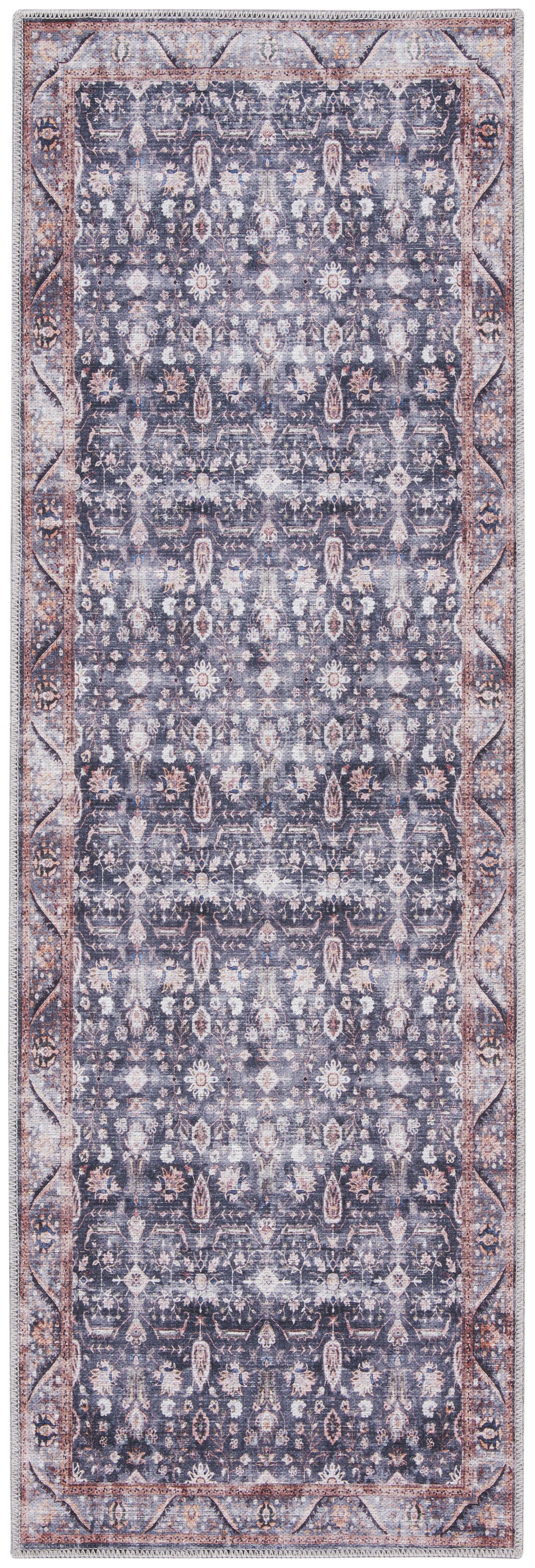 6' Blue and Ivory Oriental Power Loom Distressed Washable Non Skid Runner Rug