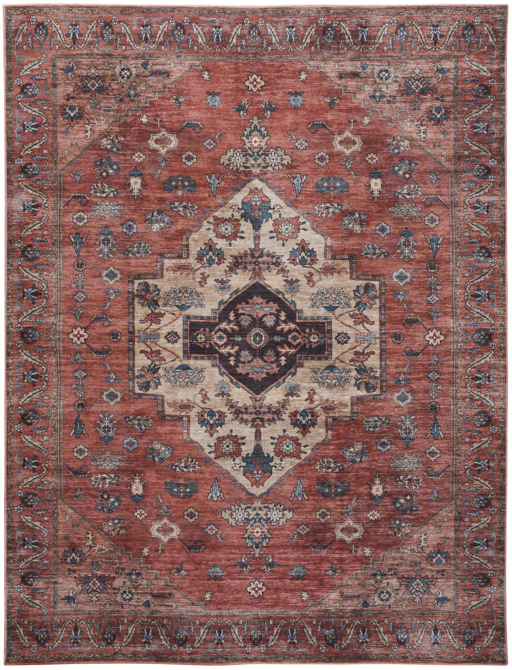 8' x 10' Blue and Red Oriental Power Loom Distressed Washable Non Skid Area Rug