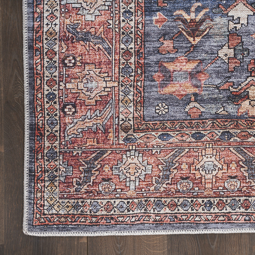 8' x 10' Blue and Red Oriental Power Loom Distressed Washable Non Skid Area Rug