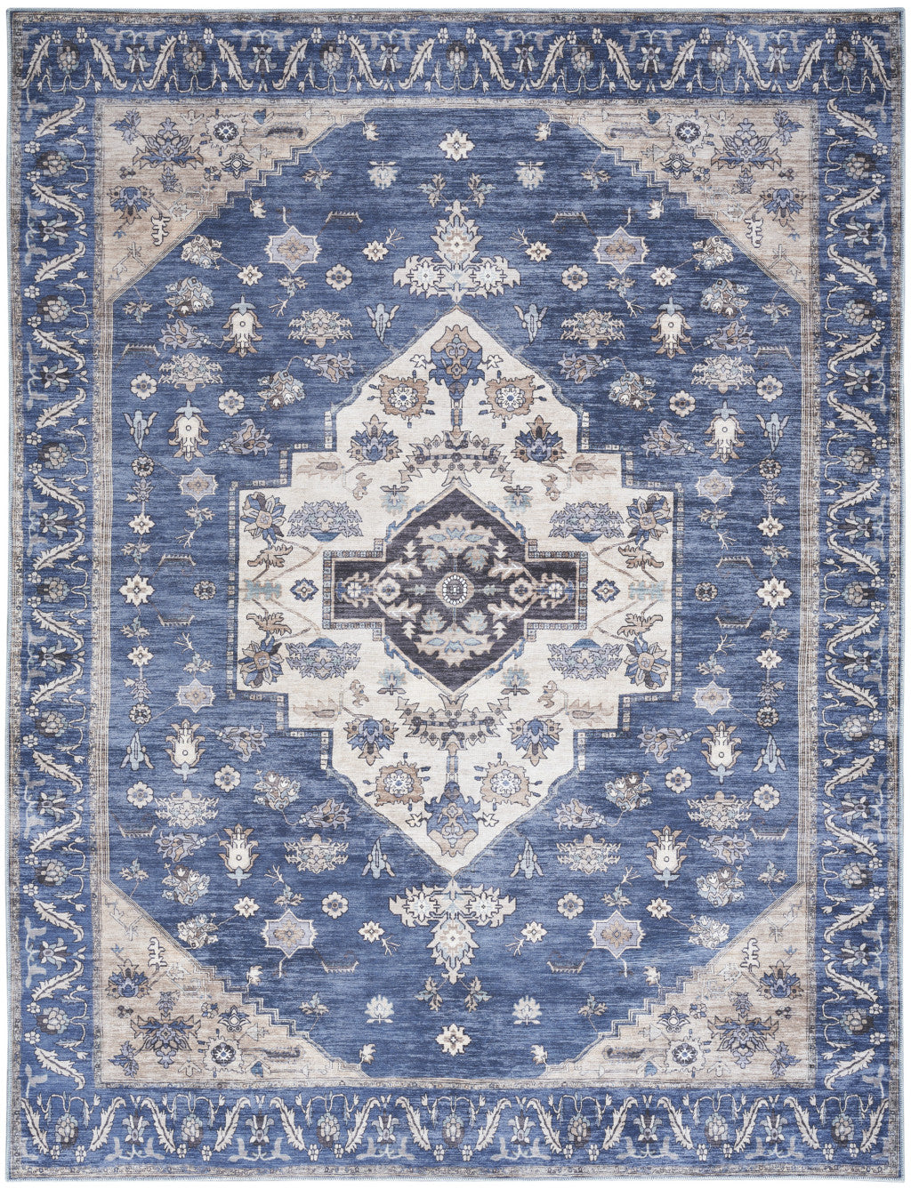 8' x 10' Blue and Beige Oriental Power Loom Distressed Washable Non Skid Area Rug