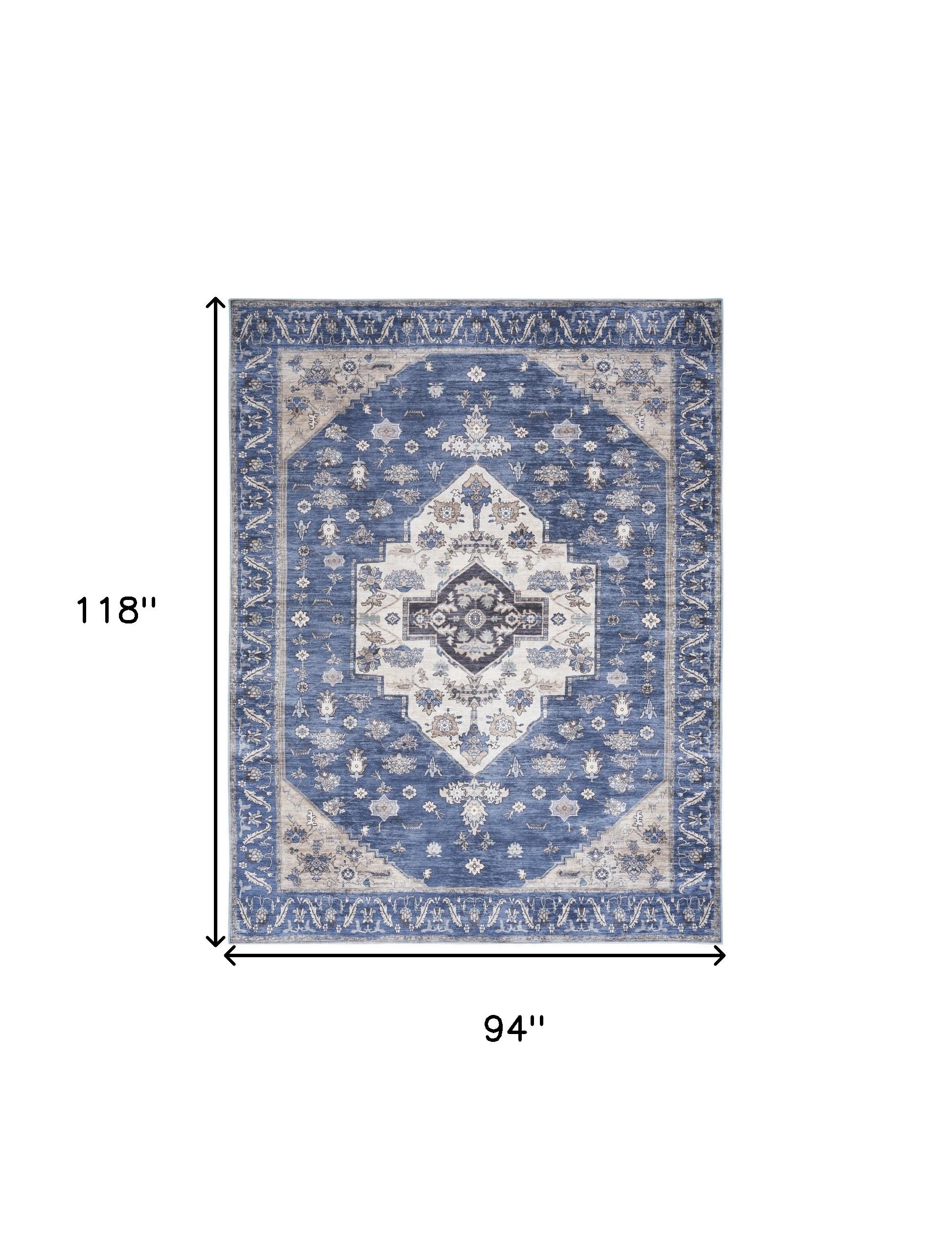 8' x 10' Blue and Beige Oriental Power Loom Distressed Washable Non Skid Area Rug