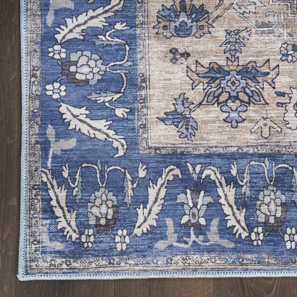 8' x 10' Blue and Beige Oriental Power Loom Distressed Washable Non Skid Area Rug