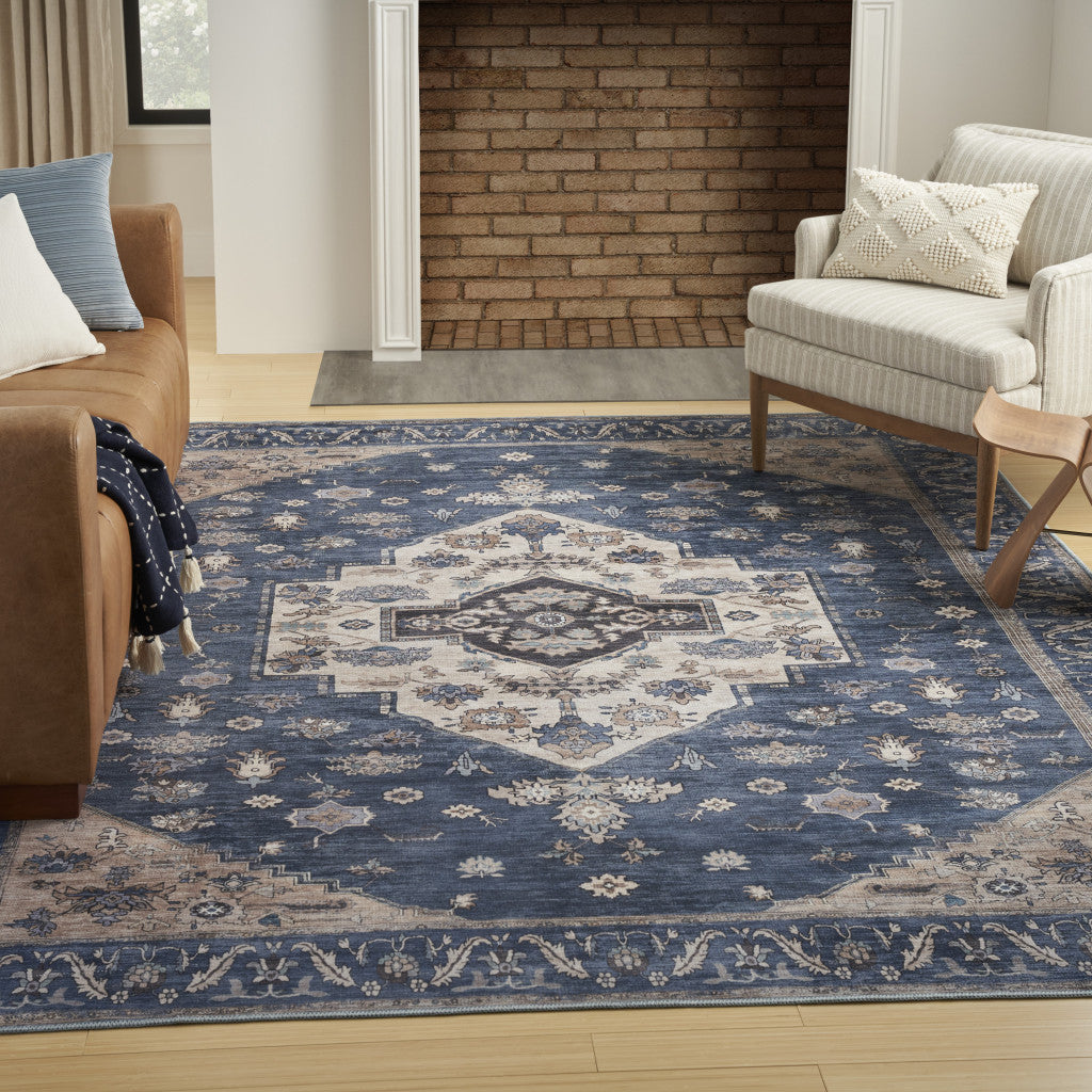 8' x 10' Blue and Beige Oriental Power Loom Distressed Washable Non Skid Area Rug