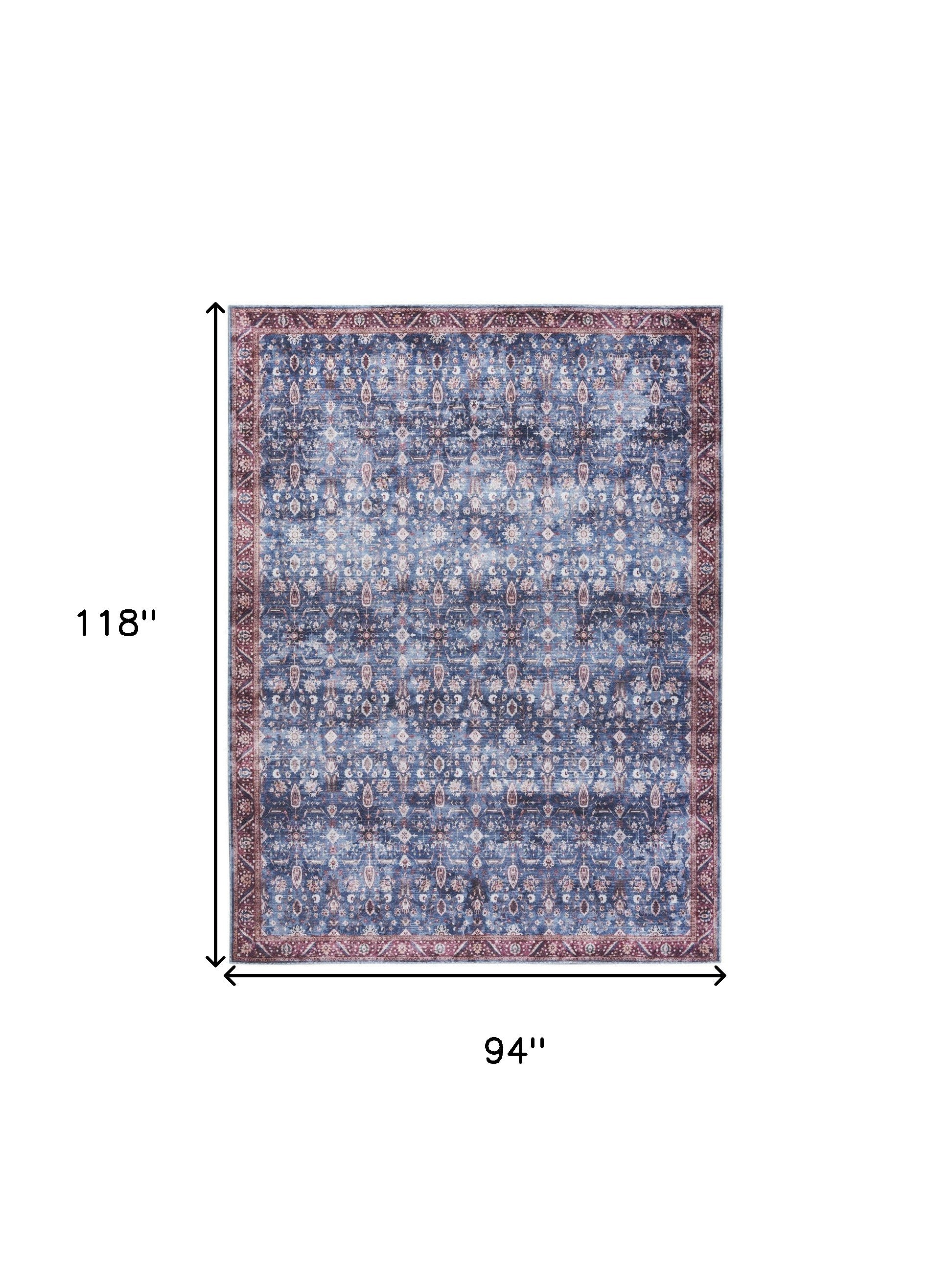 8' x 10' Blue and Red Oriental Power Loom Distressed Washable Non Skid Area Rug