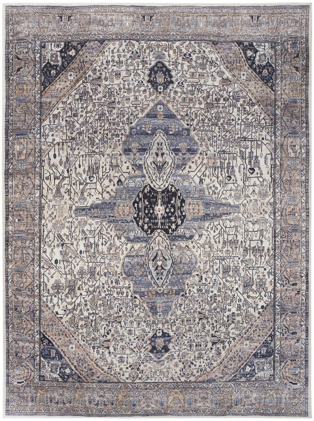 8' x 10' Ivory and Blue Oriental Power Loom Distressed Washable Non Skid Area Rug