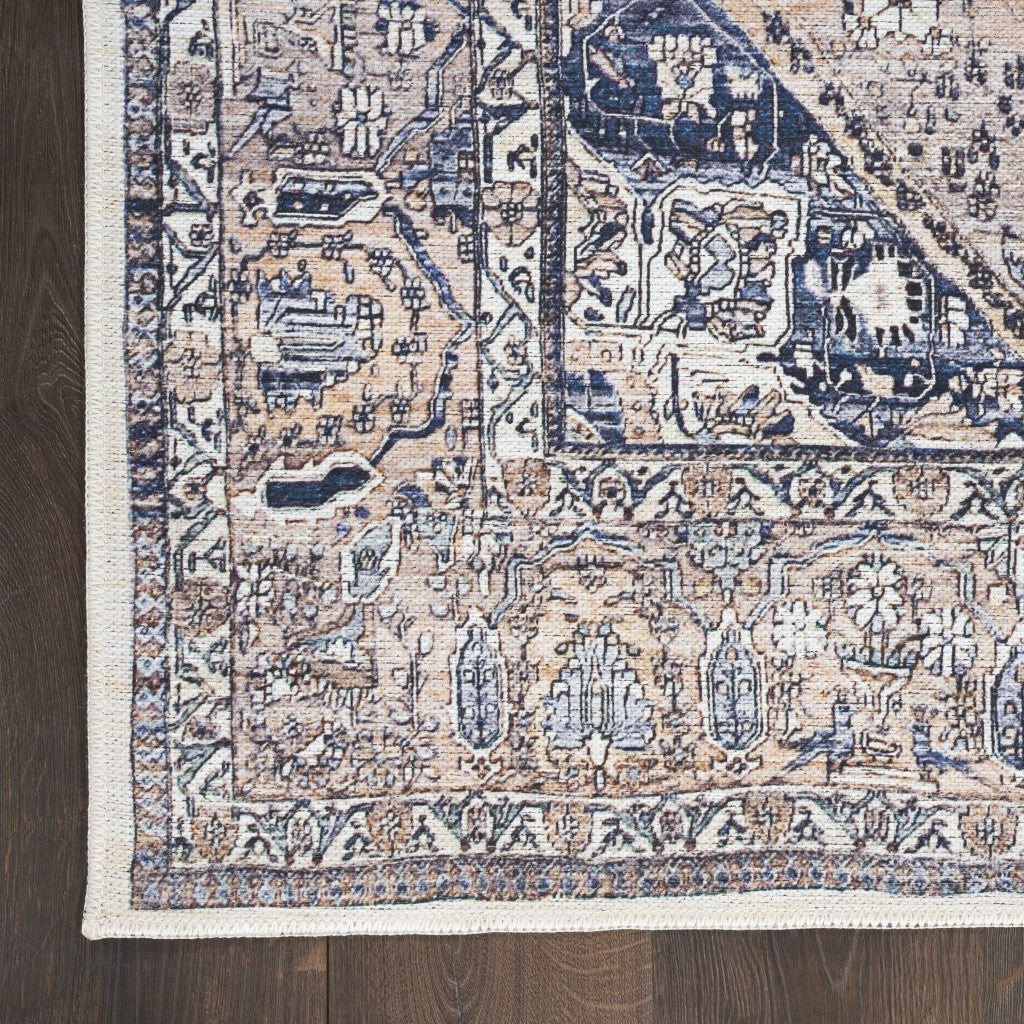 8' x 10' Ivory and Blue Oriental Power Loom Distressed Washable Non Skid Area Rug