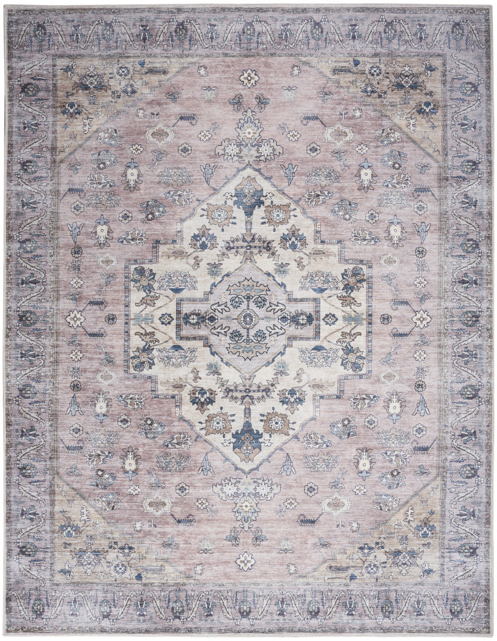 8' x 10' Pink and Blue Oriental Power Loom Distressed Washable Non Skid Area Rug