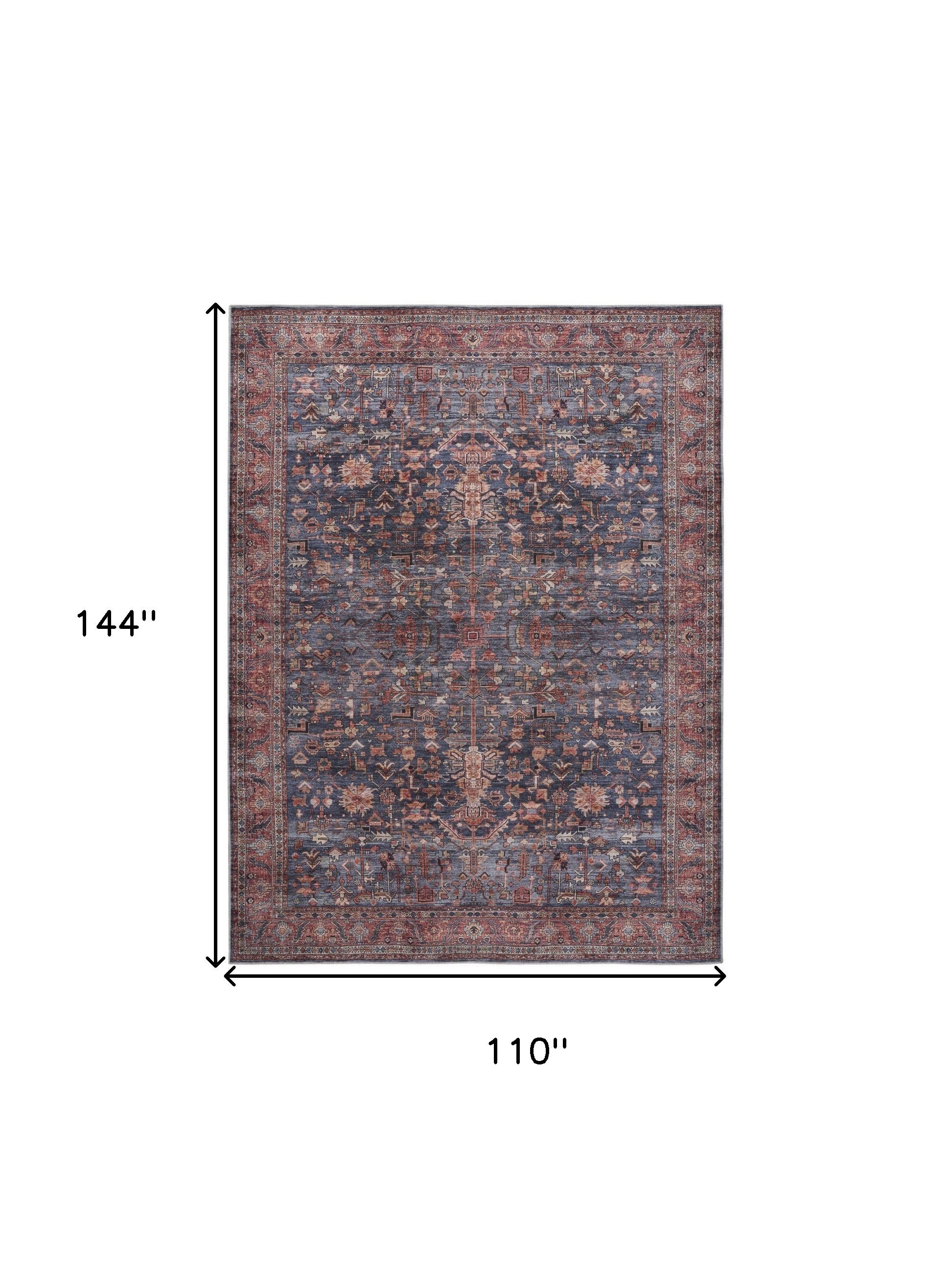 9' x 12' Blue and Red Oriental Power Loom Distressed Washable Non Skid Area Rug