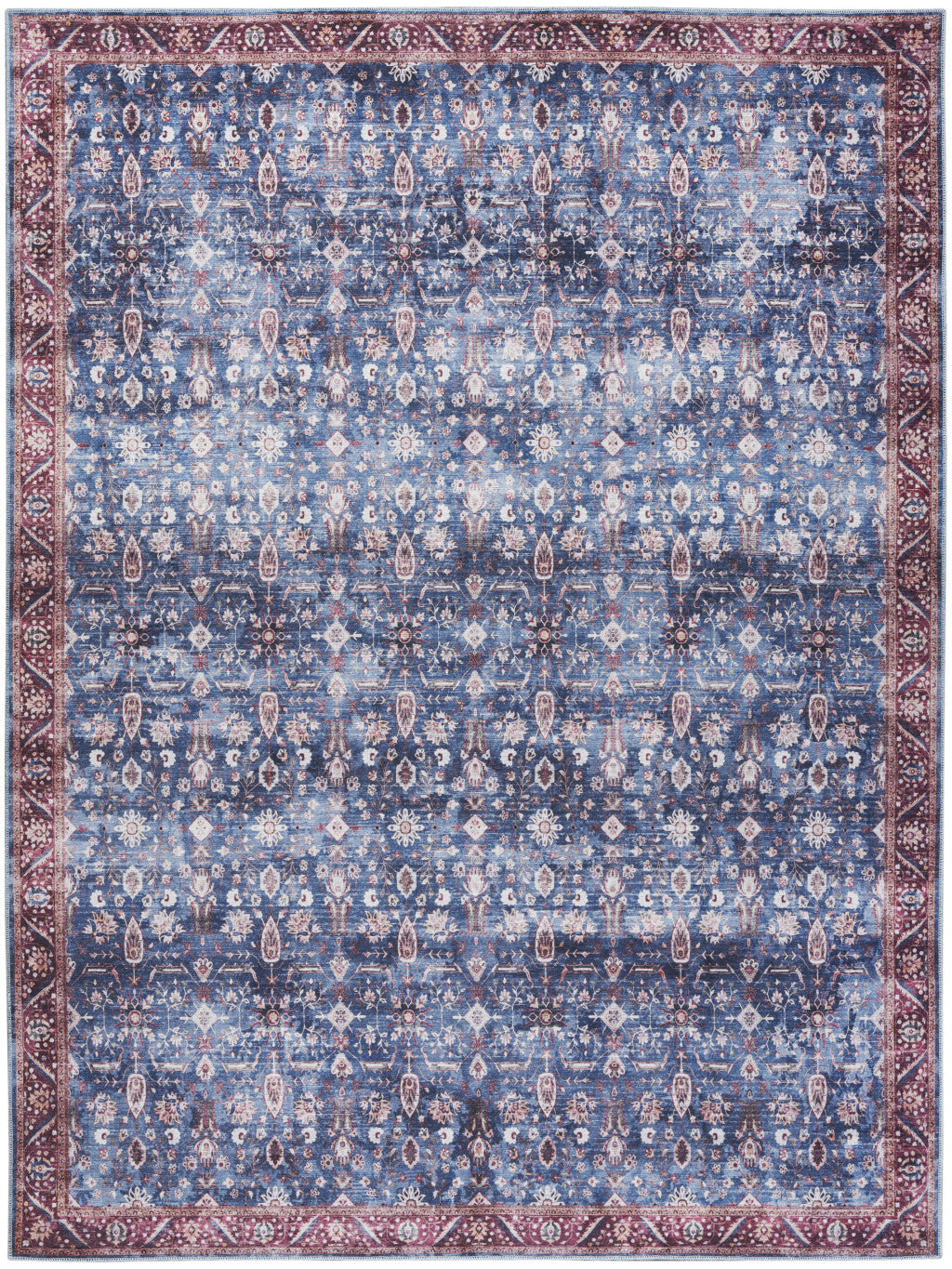 9' x 12' Blue and Red Oriental Power Loom Distressed Washable Non Skid Area Rug