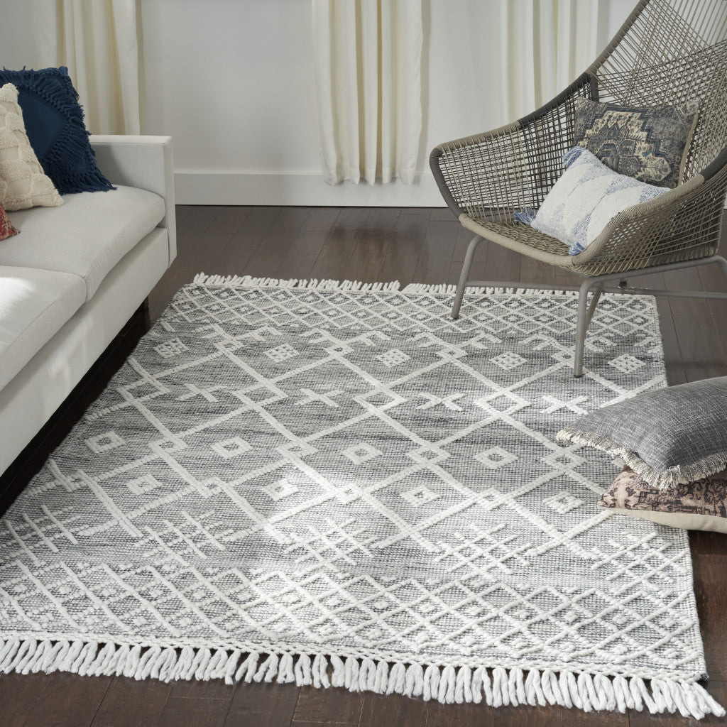 5' x 8' Gray and Ivory Geometric Hand Woven Area Rug With Fringe