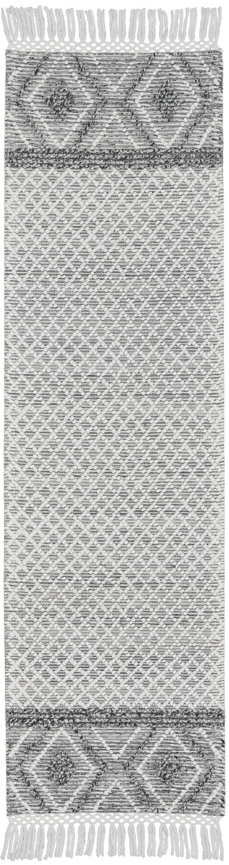 8' Gray and Ivory Geometric Hand Woven Runner Rug With Fringe