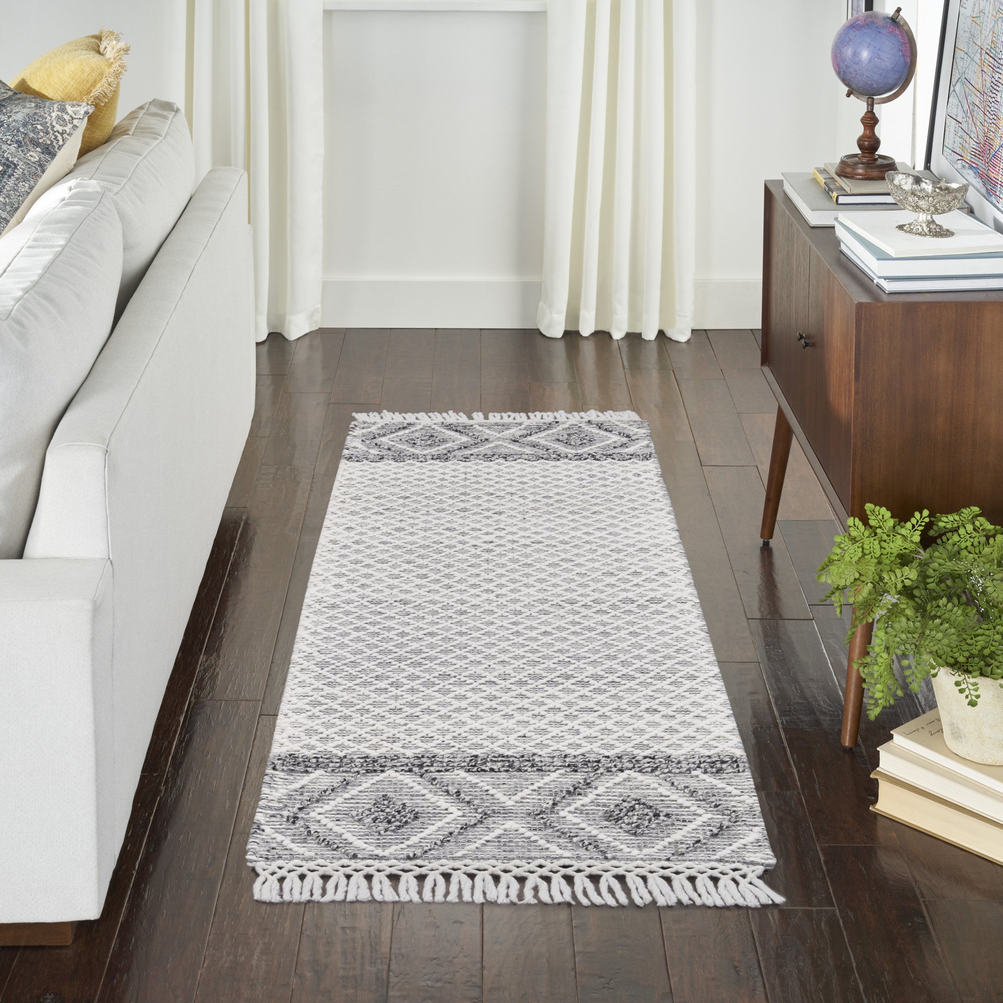 8' Gray and Ivory Geometric Hand Woven Runner Rug With Fringe