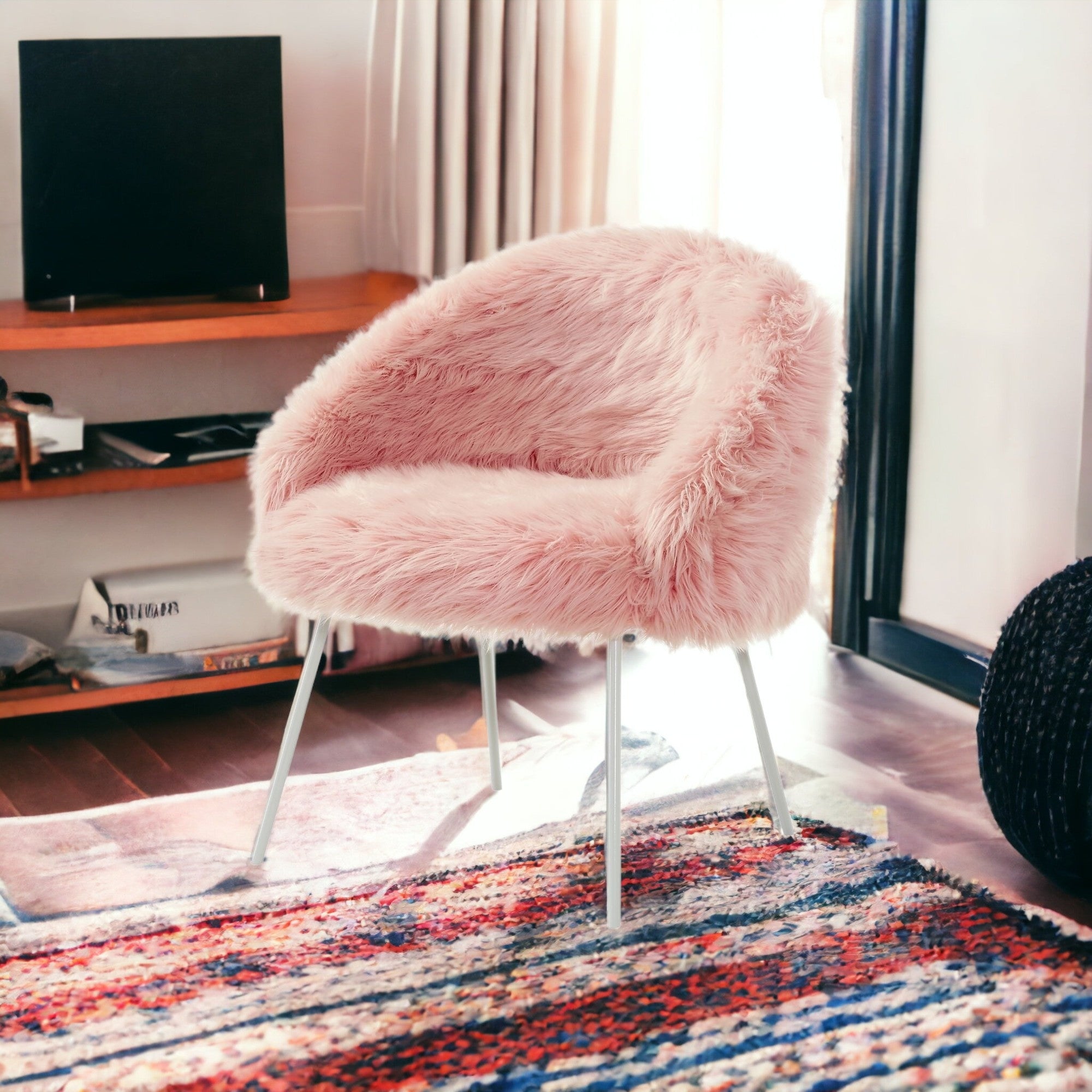 28" Rose And White Faux Fur Arm Chair