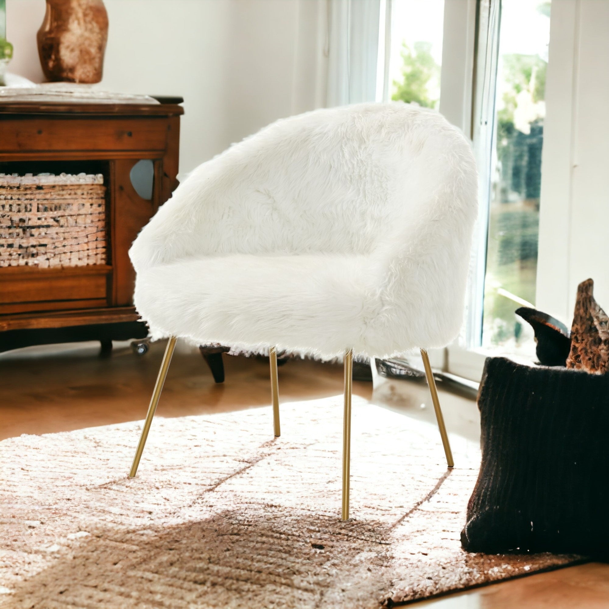 28" Rose And White Faux Fur Arm Chair