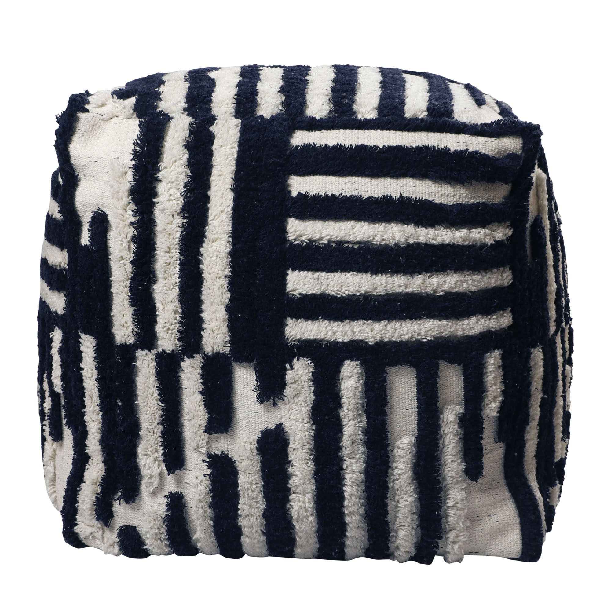 18" Blue Cotton Cube Striped Pouf Ottoman