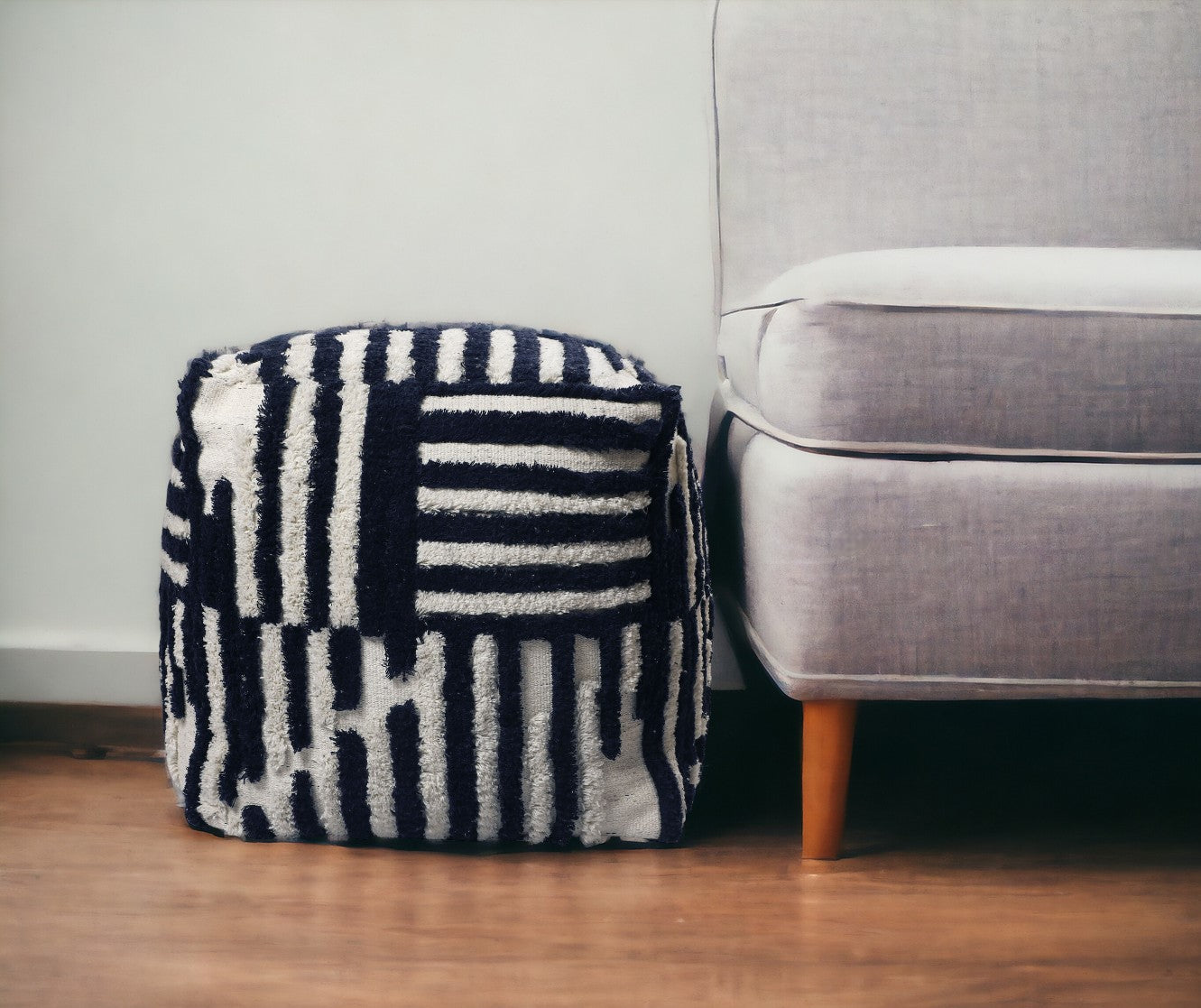 18" Blue Cotton Cube Striped Pouf Ottoman