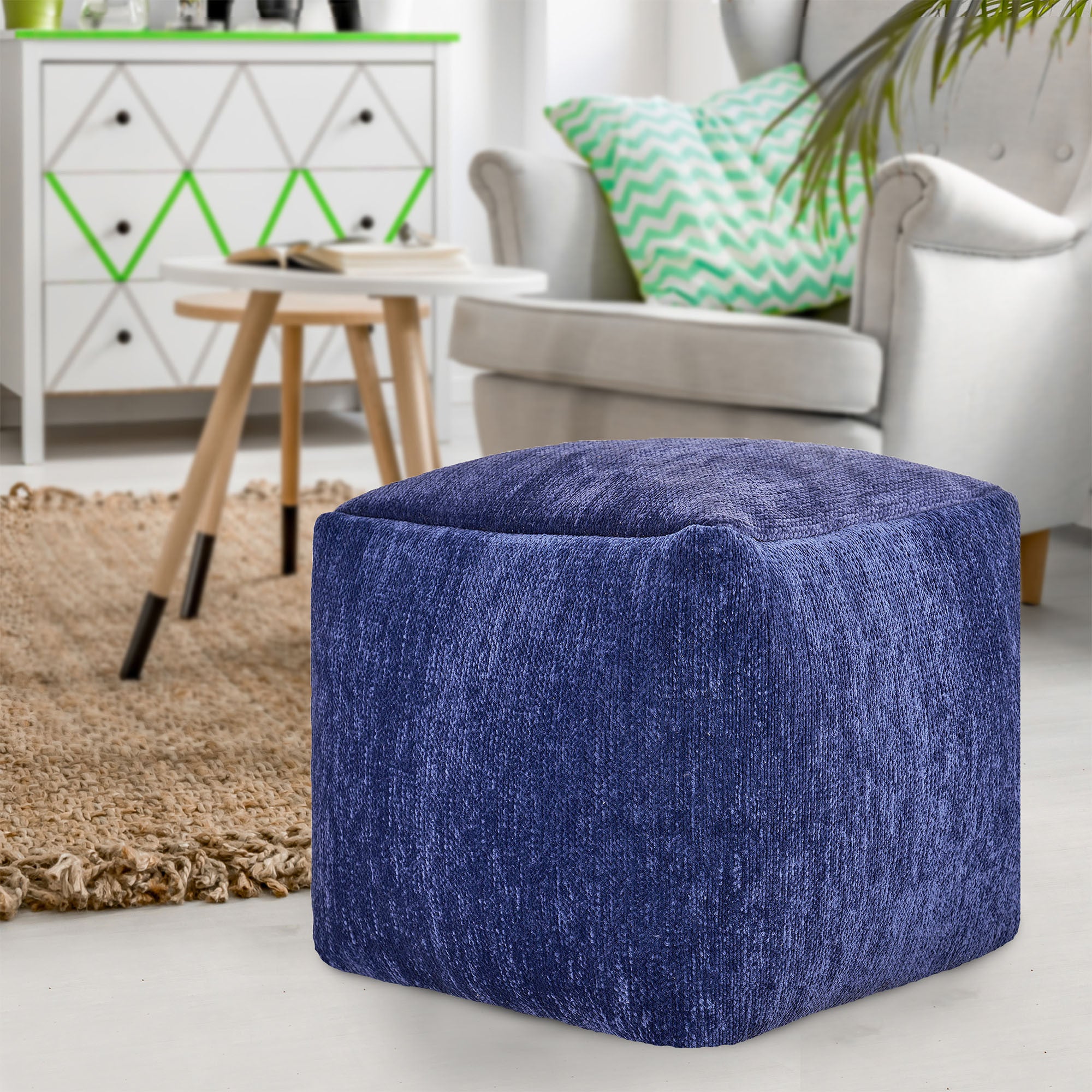 18" Blue Chenille Cube Pouf Ottoman