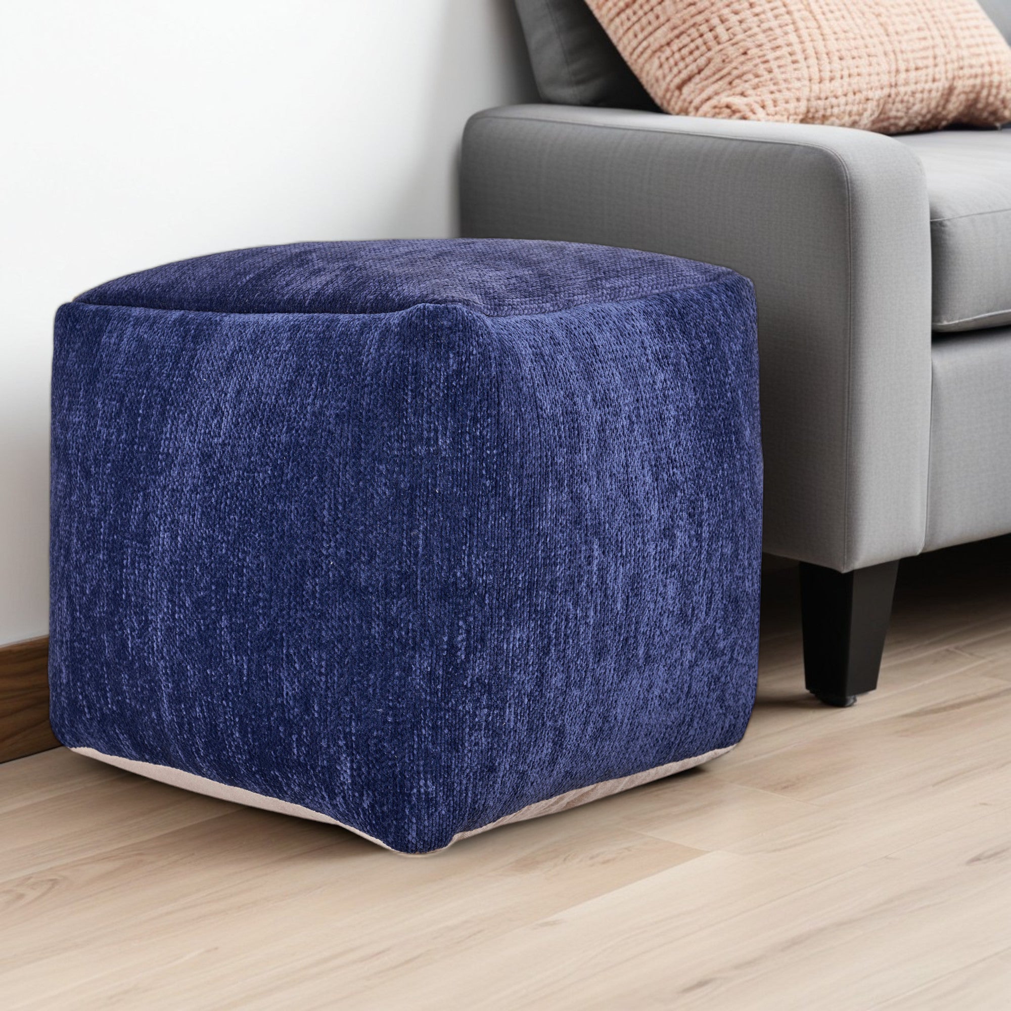 18" Blue Chenille Cube Pouf Ottoman