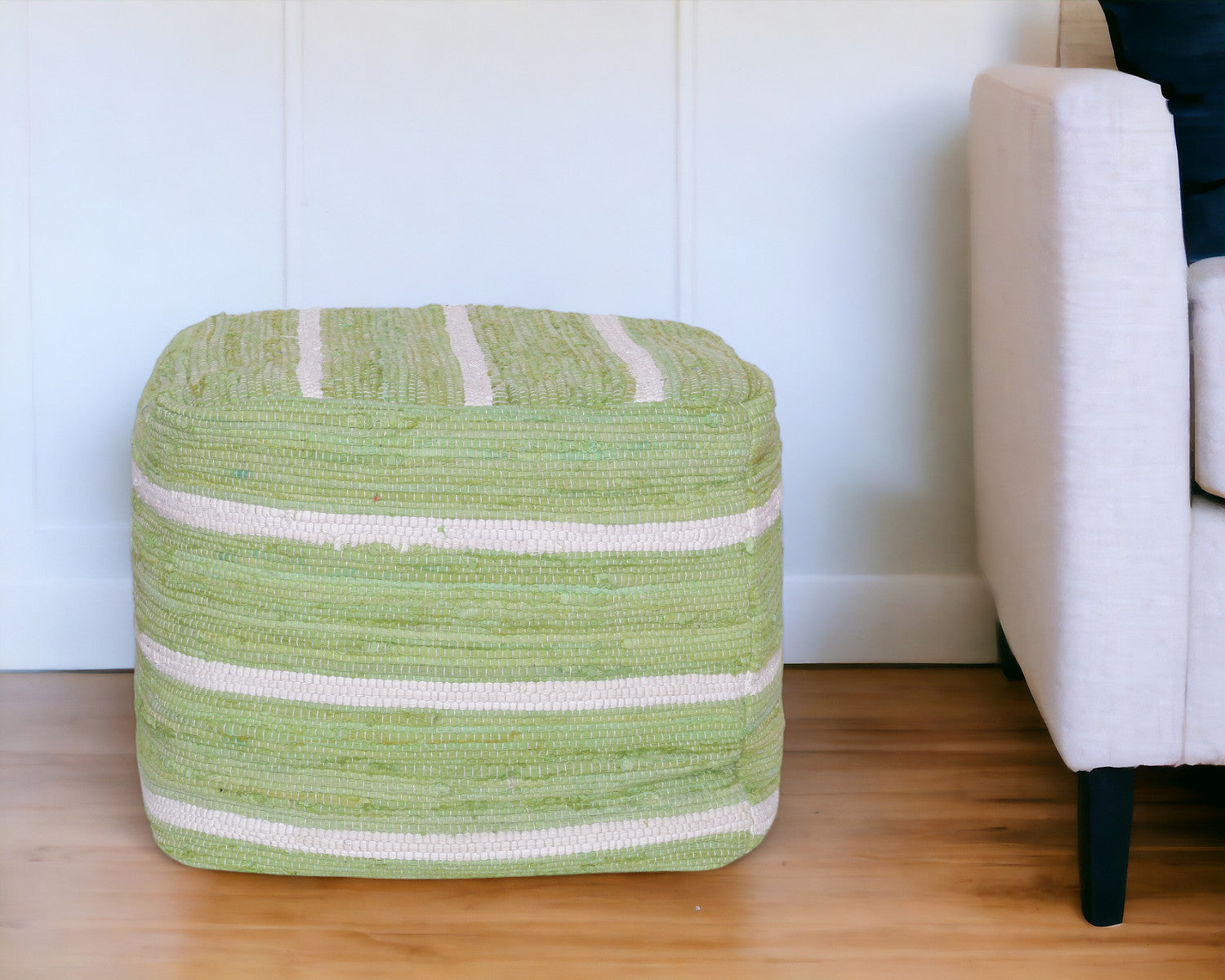 18" Green Cotton Cube Striped Pouf Ottoman