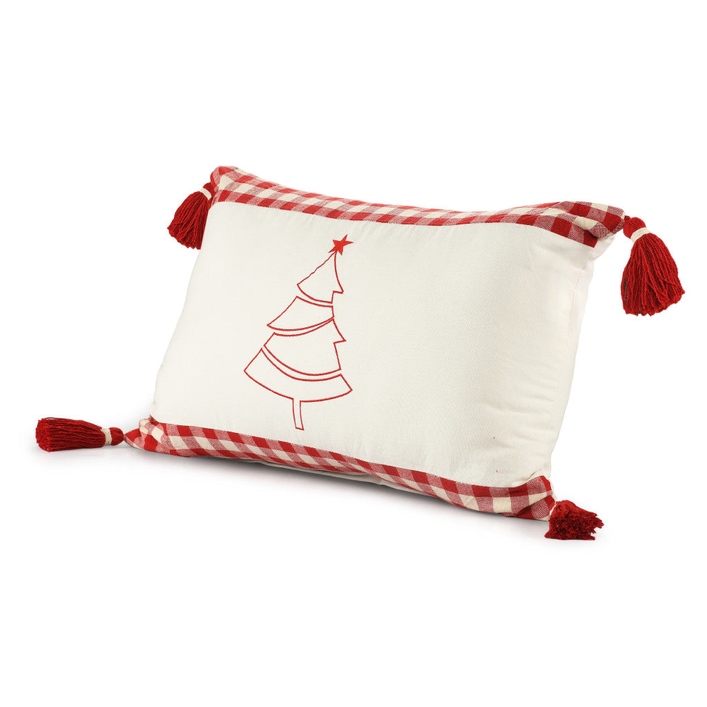 16" X 24" Red and White Christmas Tree Cotton Zippered Pillow With Tassels