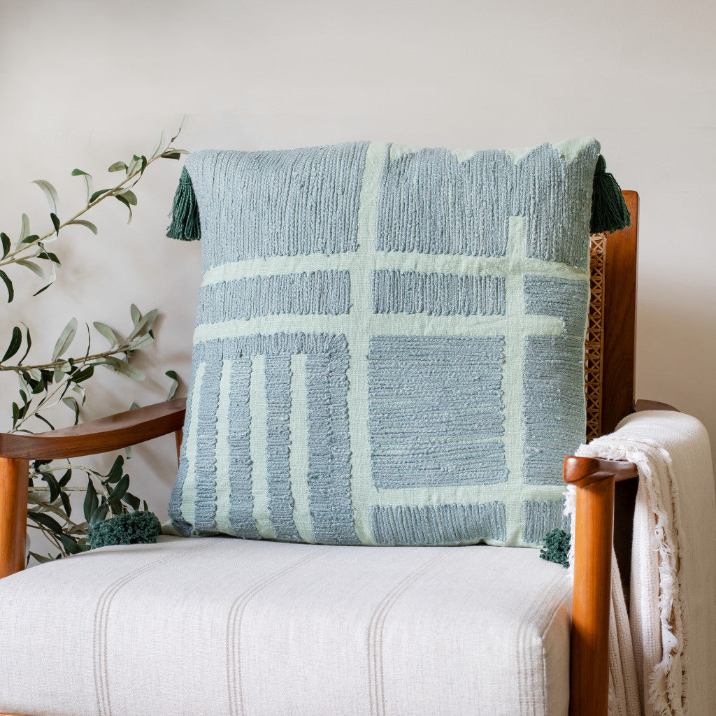 20" X 20" Olive Green Geometric Cotton Zippered Pillow With Tassels