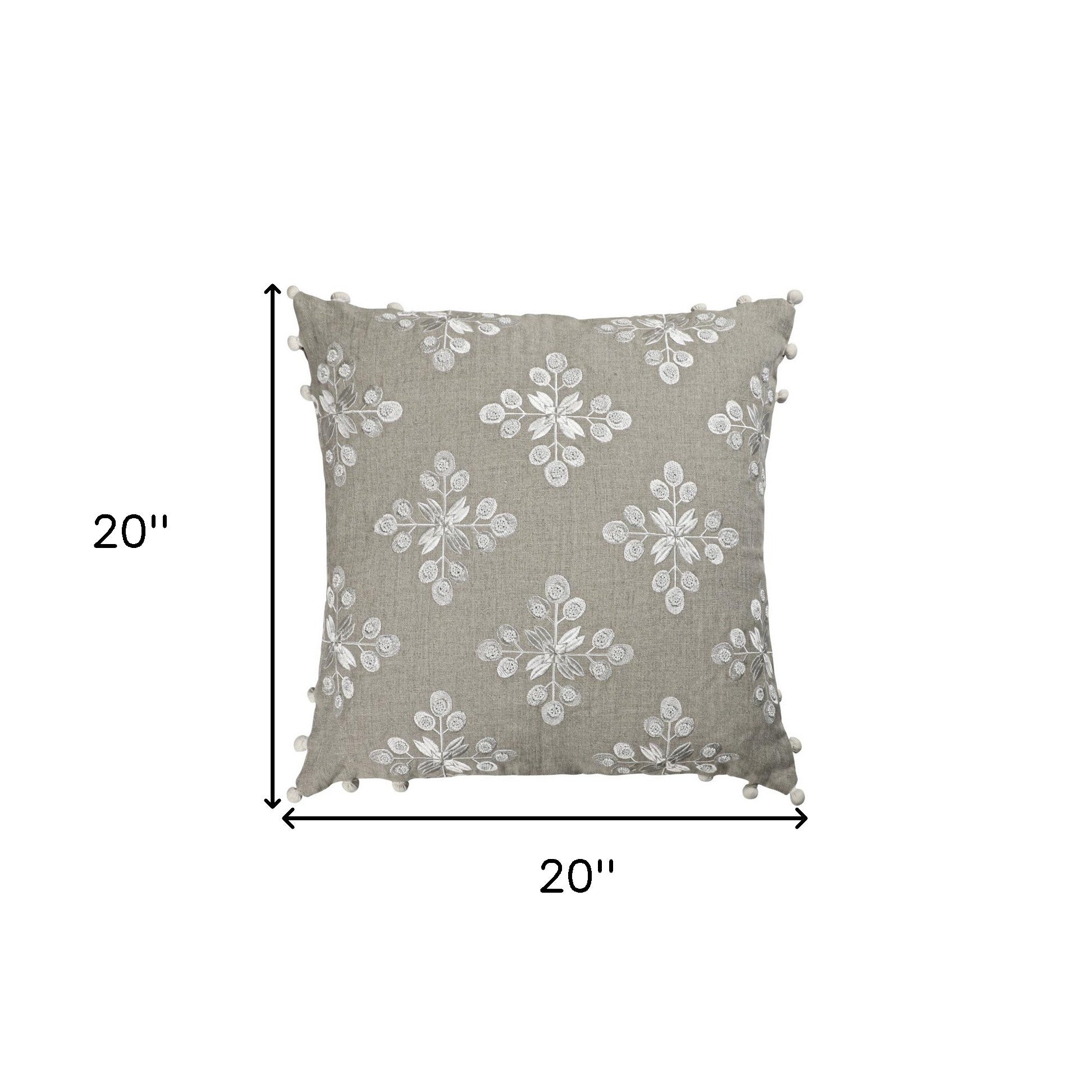 20" X 20" Beige and Ivory Floral Linen Zippered Pillow With Embroidery, Pom Poms