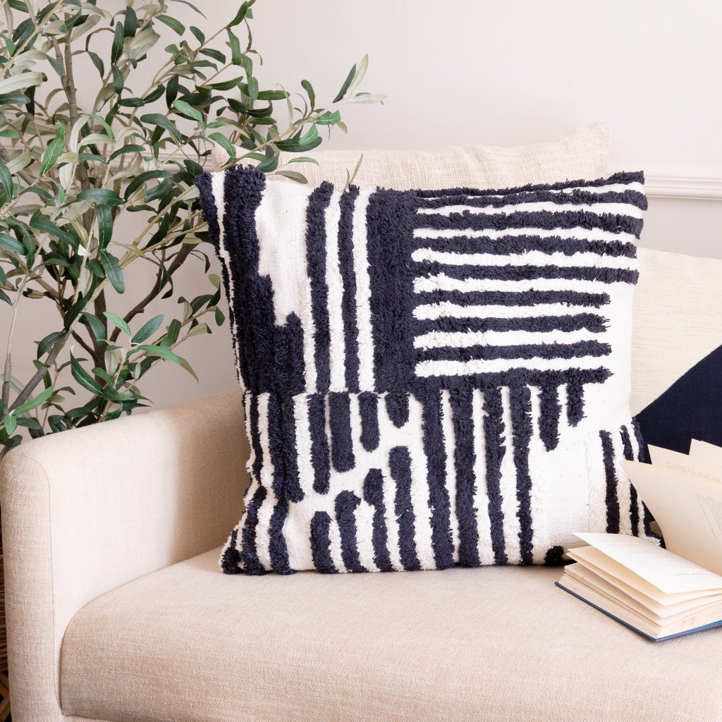 22" Navy and White Geometric Cotton Throw Pillow