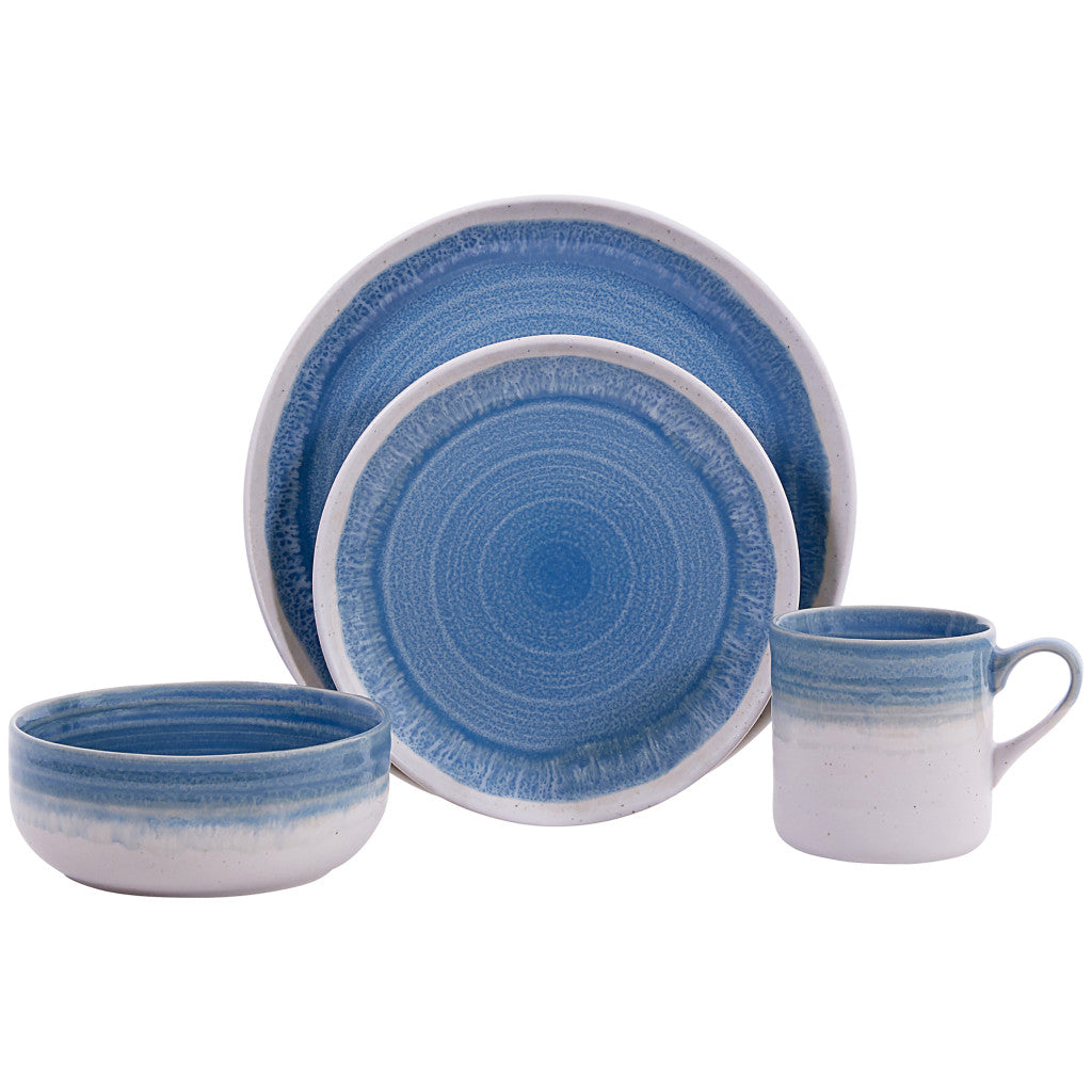 Blue and White Sixteen Piece Round Tone on Tone Ceramic Service For Four Dinnerware Set